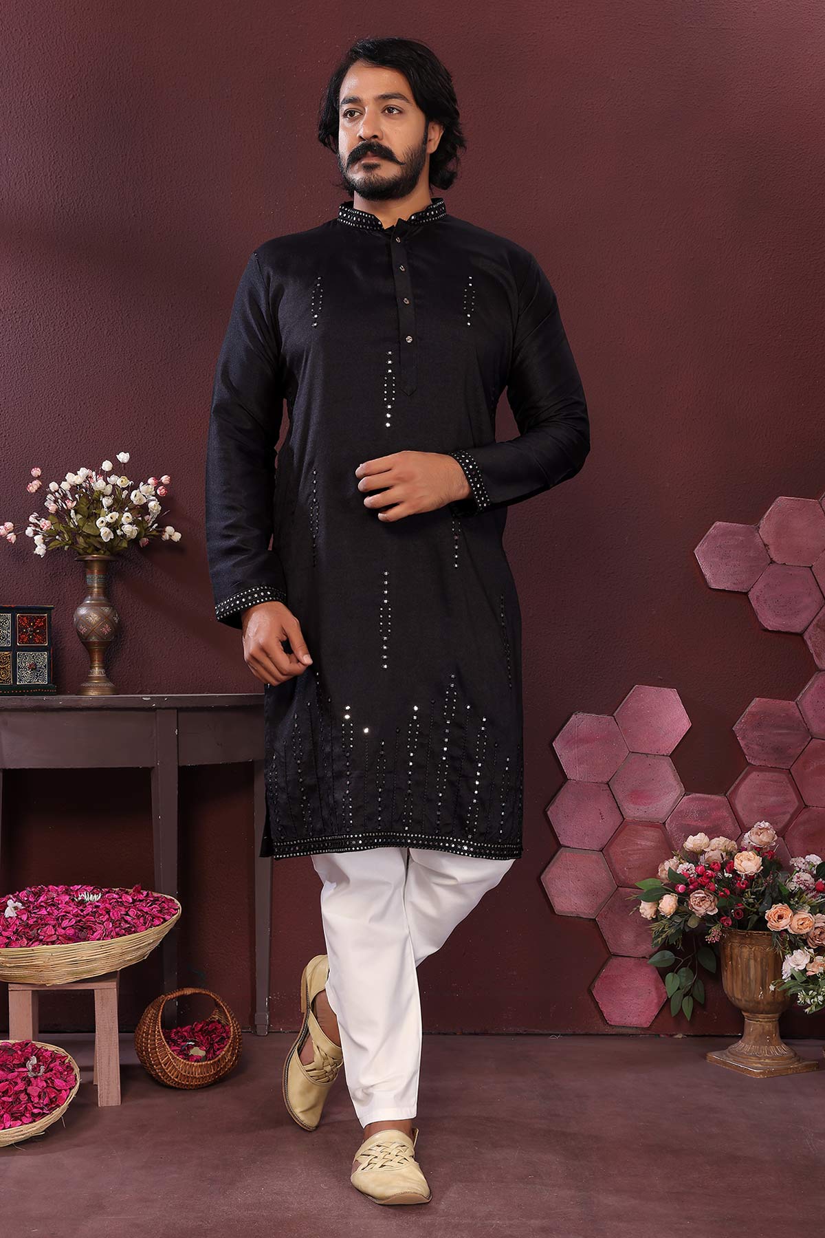 Buy Black Silk Mirror Kurta & Pants for men by Jyoti Fashion online available at scrollnshops