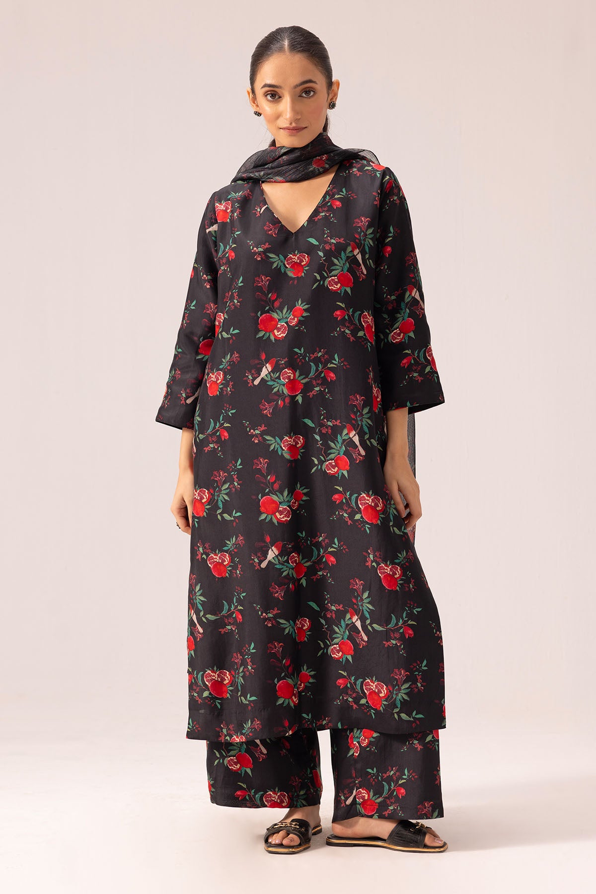 Black Silk Printed Kurta Set