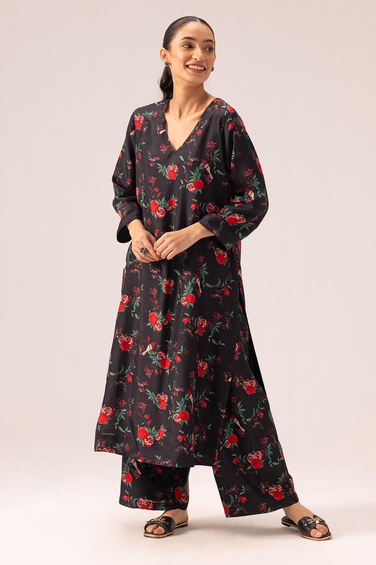 Black Silk Printed Kurta Set