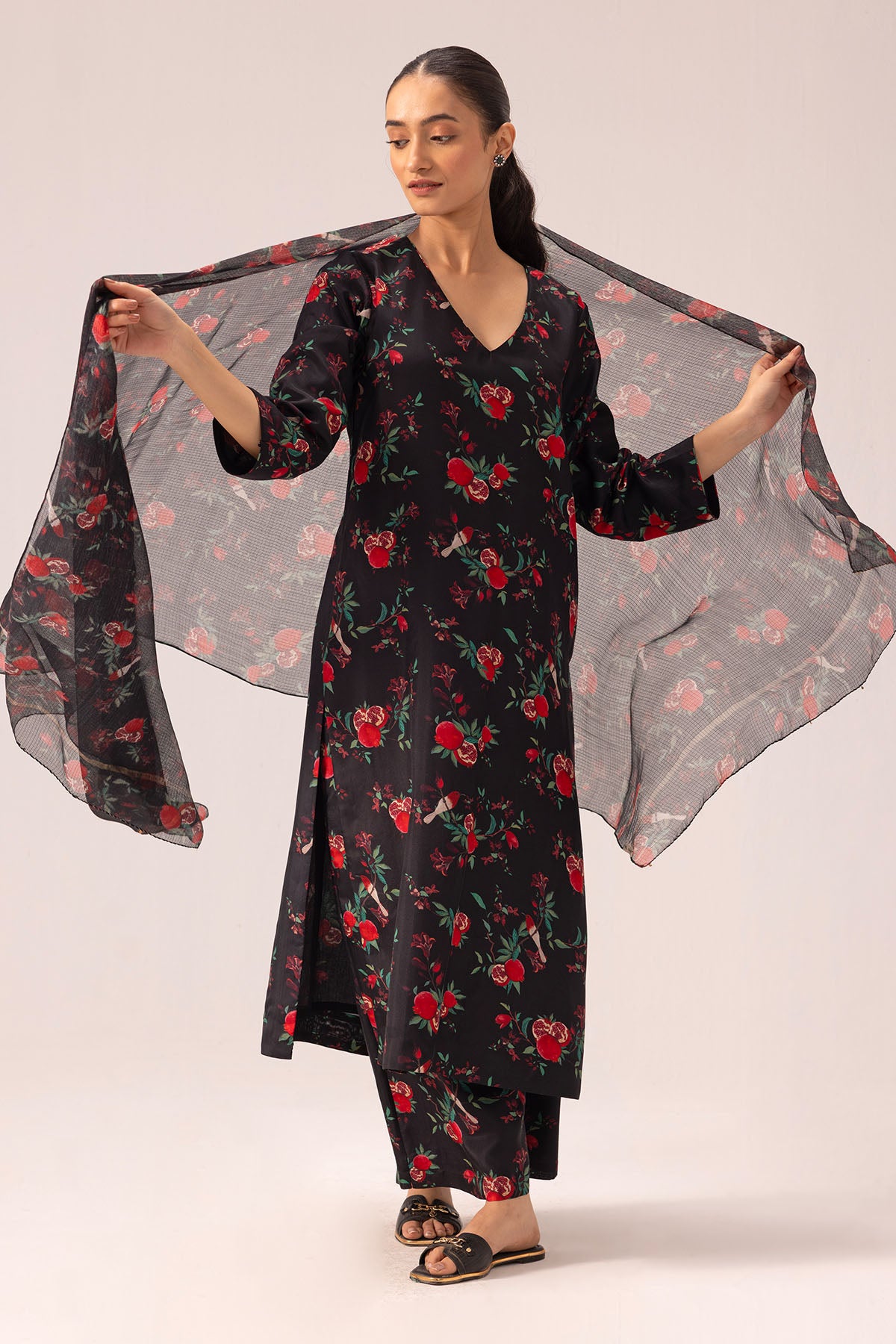 Black Silk Printed Kurta Set