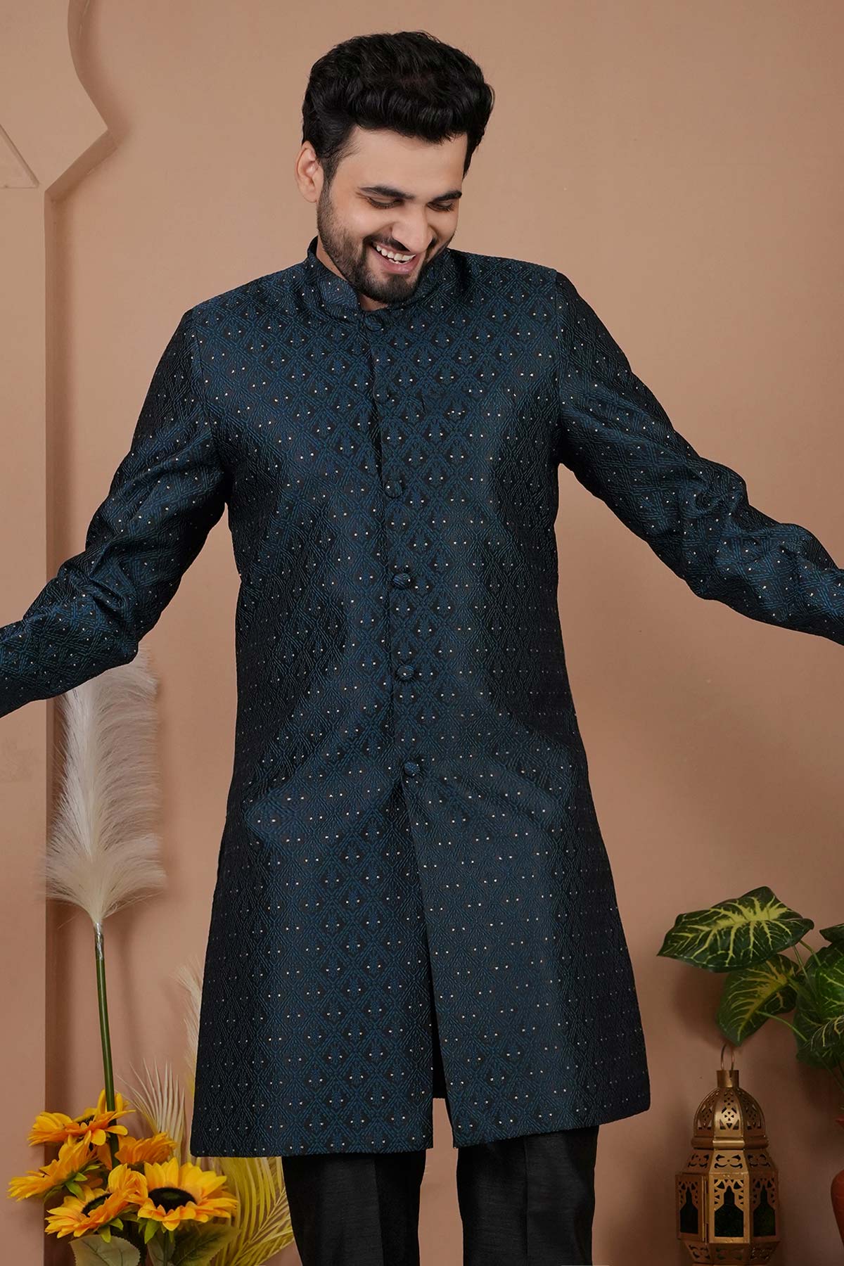 Black Silk Sherwani And Pants