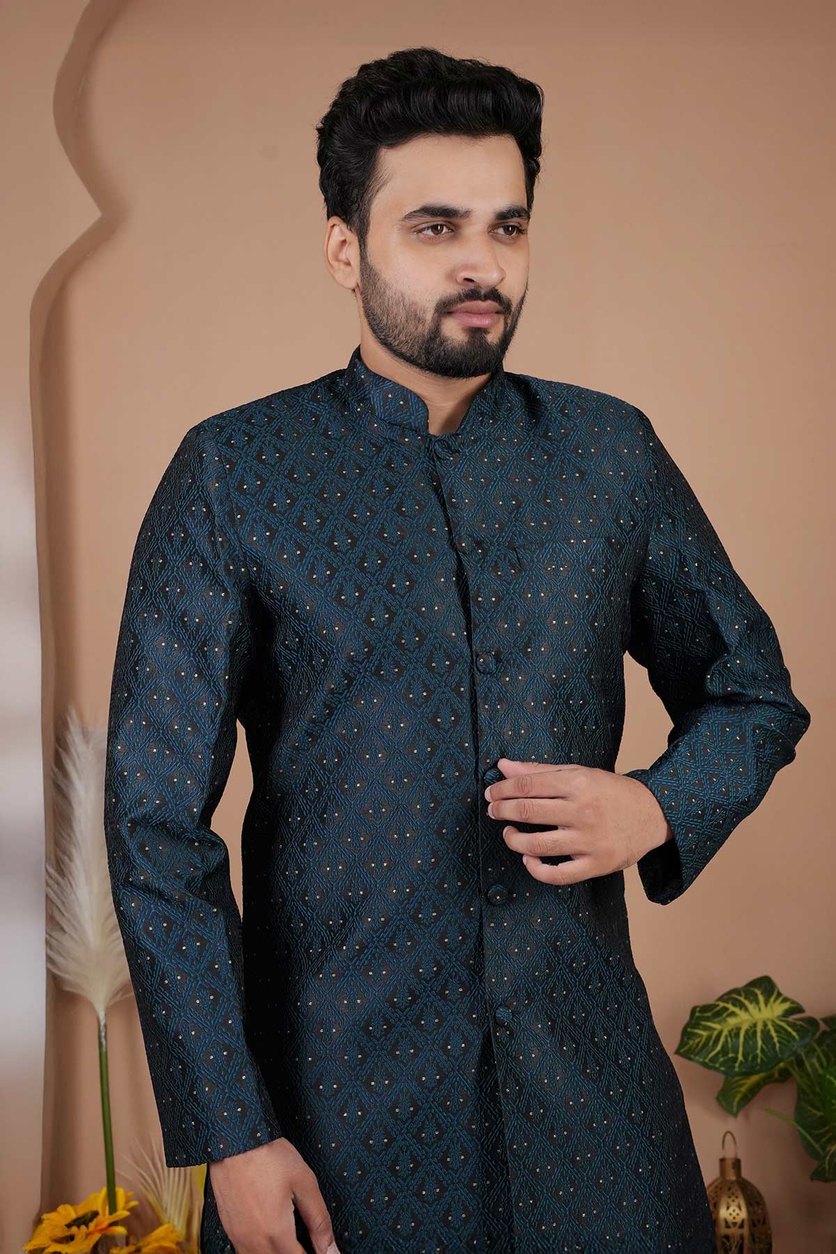 Black Silk Sherwani And Pants