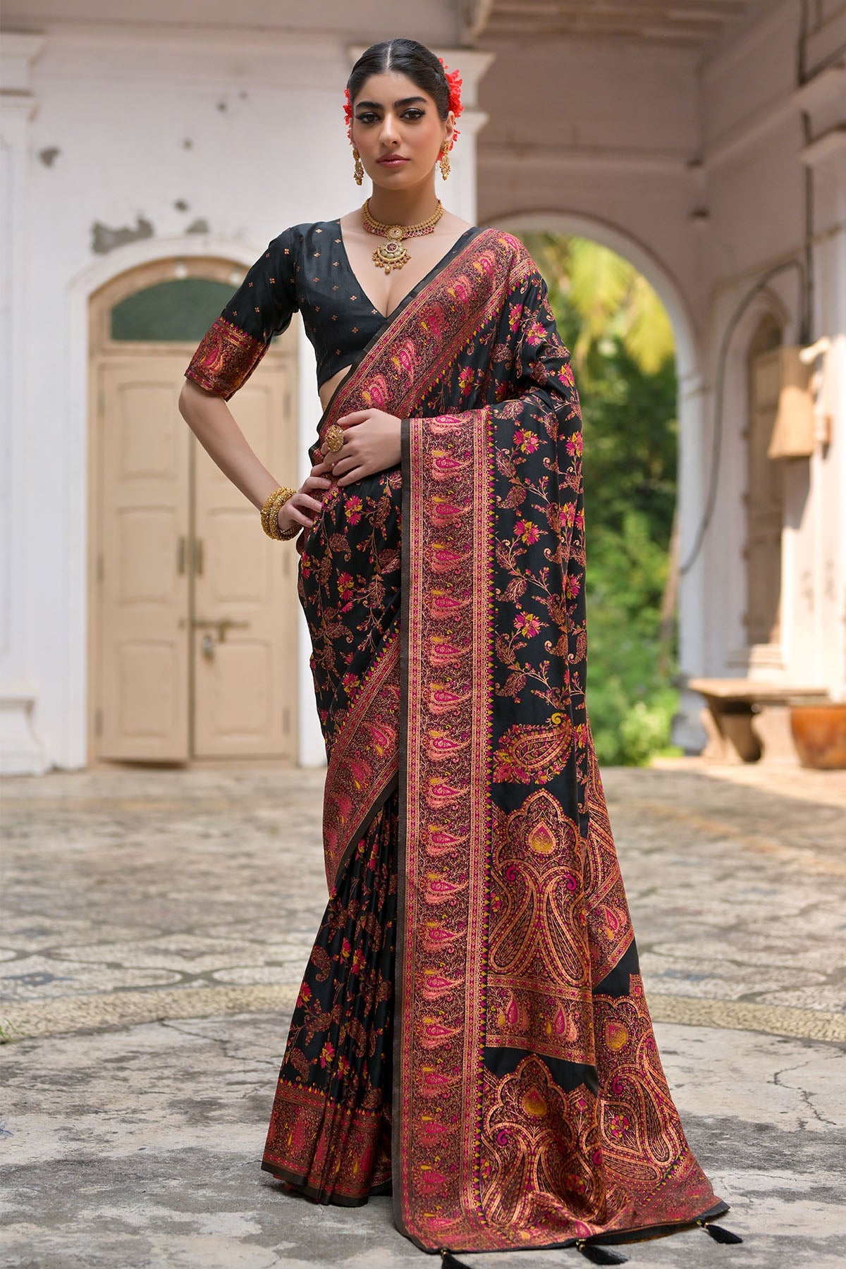 Buy Black Silk Thread Woven Saree by Lili Lala for women online at ScrollnShops