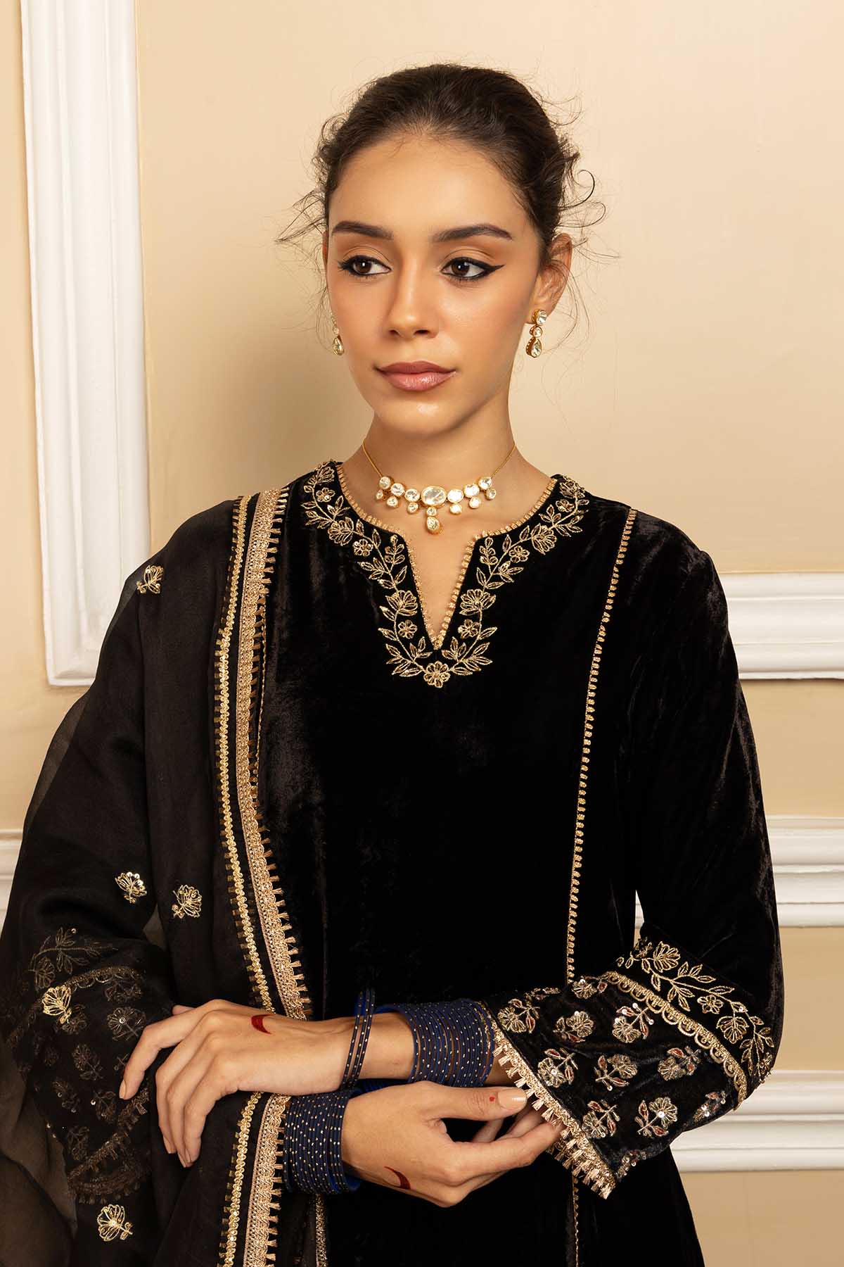 Black Silk Velvet Kurta Set
