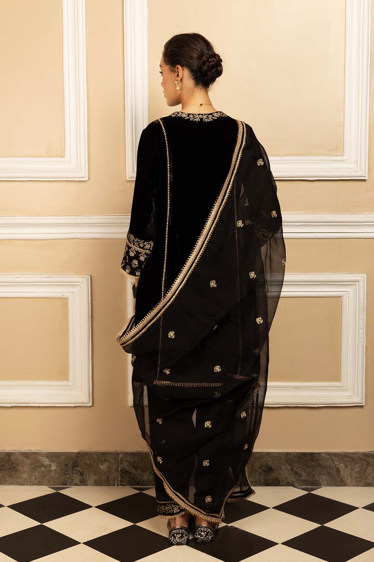 Black Silk Velvet Kurta Set
