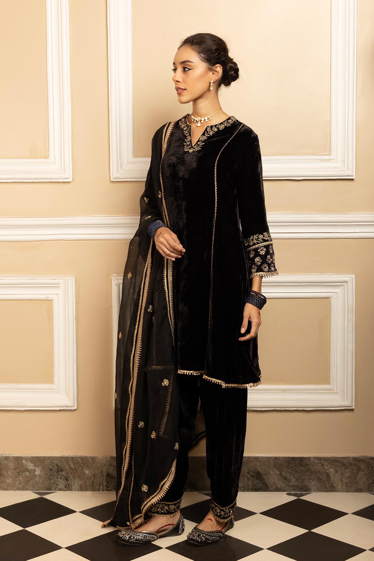 Black Silk Velvet Kurta Set