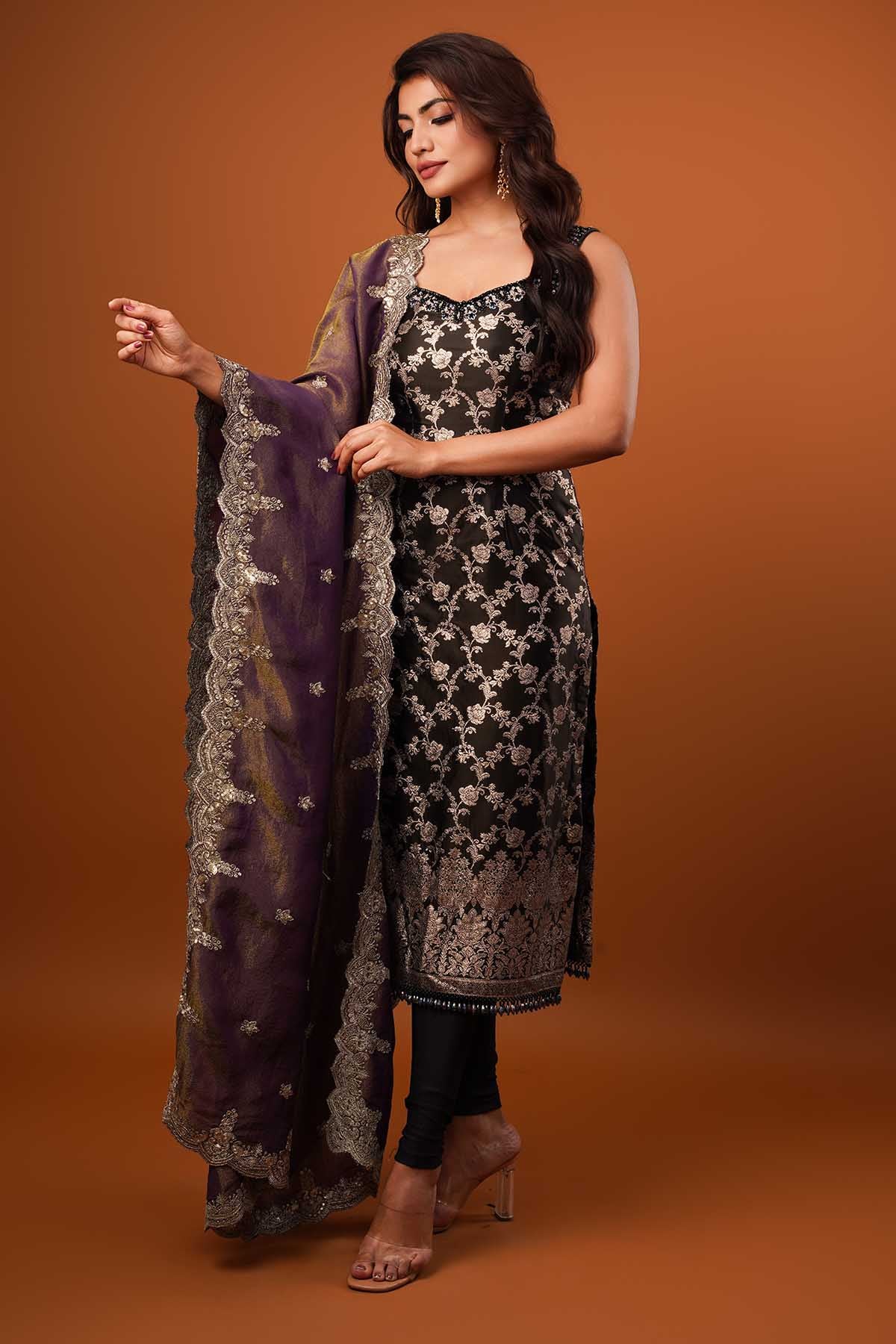 Ajay & Priyanka Black Silk Zardosi Kurta Set for women online at ScrollnShops