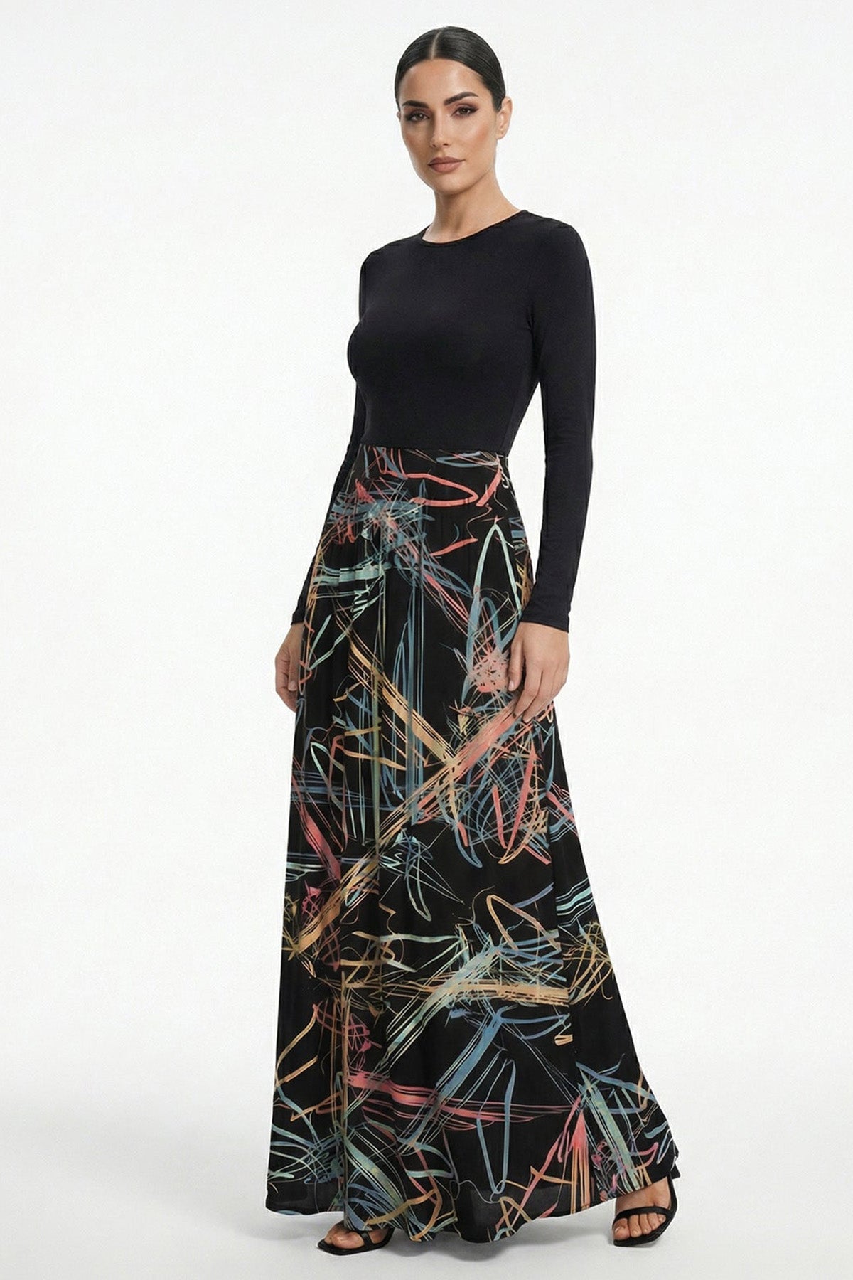 Black Sleek Satin Printed Skirt