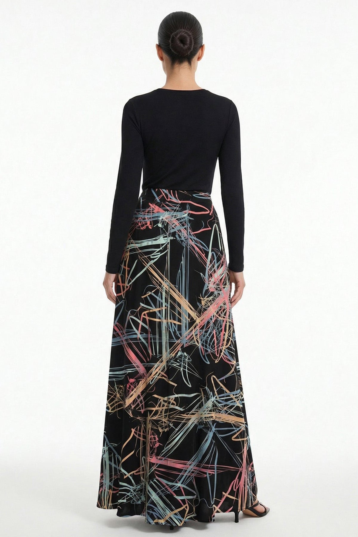 Black Sleek Satin Printed Skirt