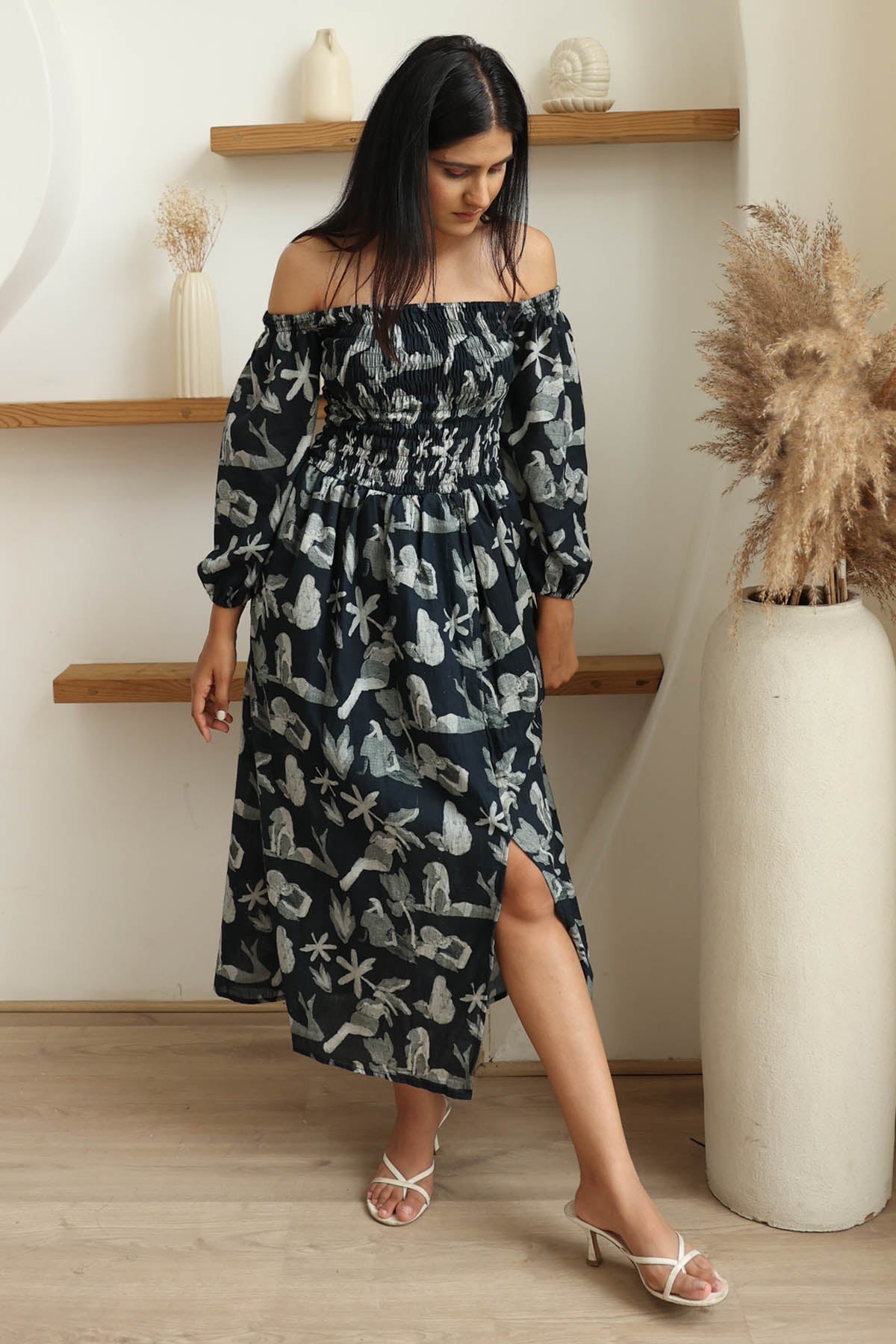 RadhaRaman Black Smocked Print Midi Dress for women online at ScrollnShops