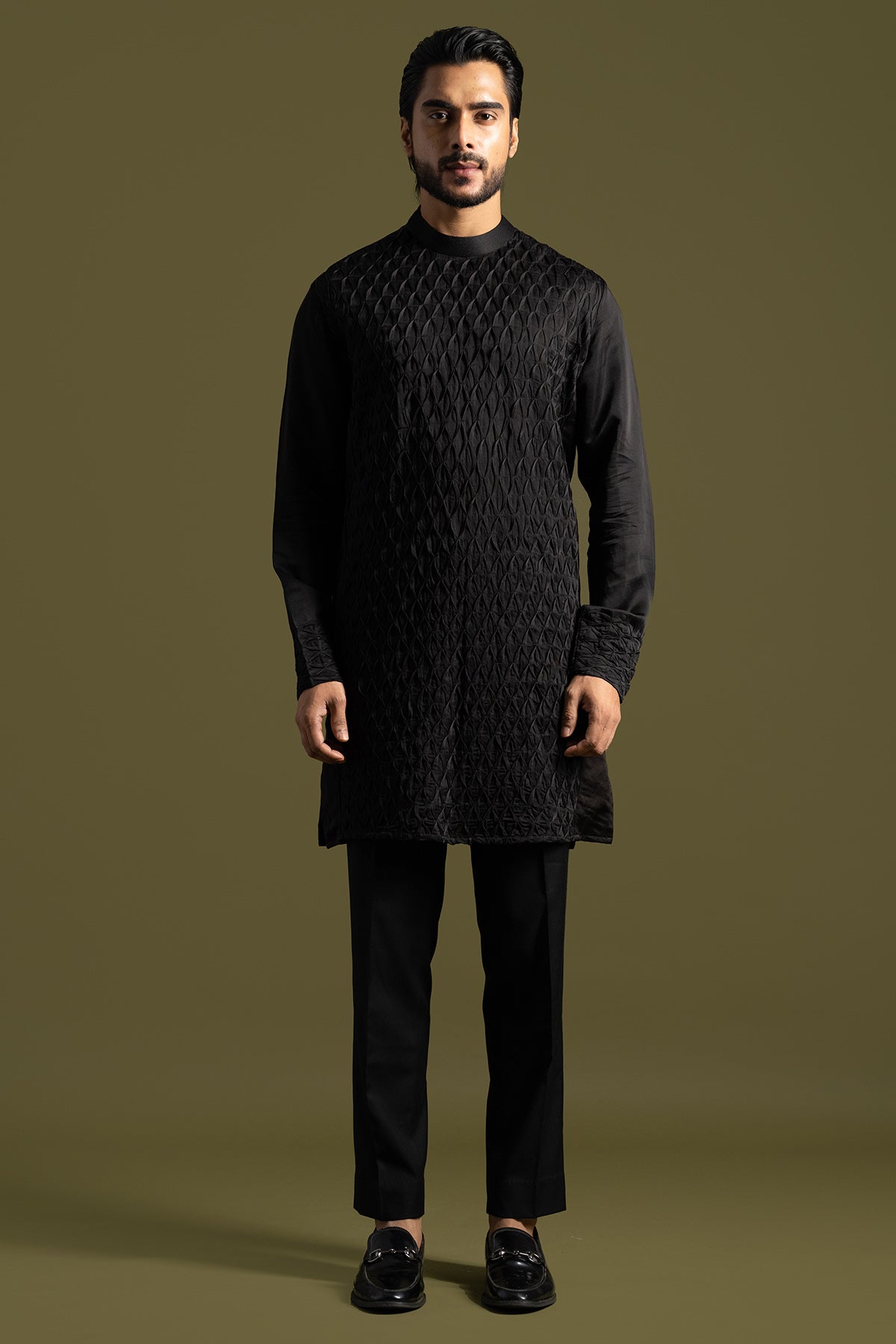 Buy Black Smocking Detail Kurta Set for men by Paarsh Atelier online available at scrollnshops