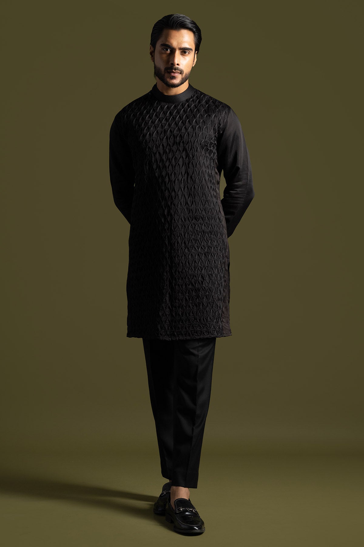 Black Smocking Detail Kurta Set