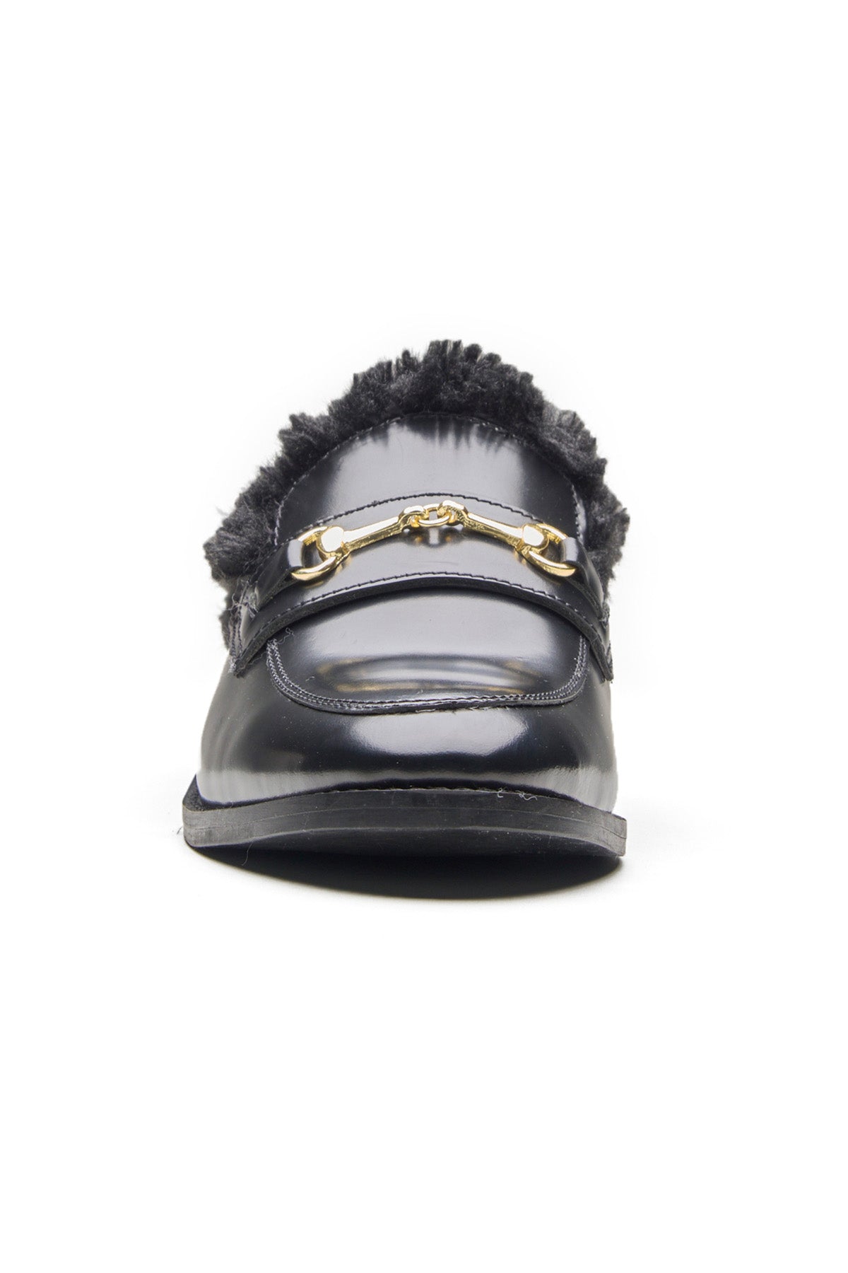 Black Smooth Leather Fur Mules