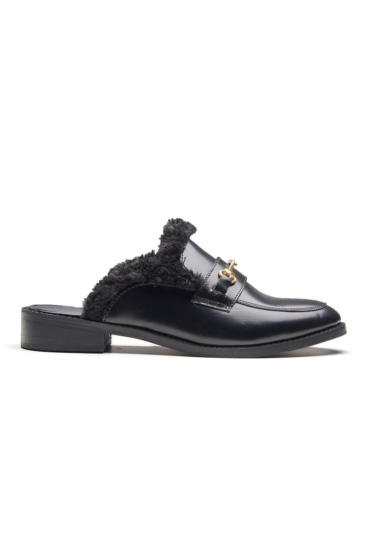 Black Smooth Leather Fur Mules