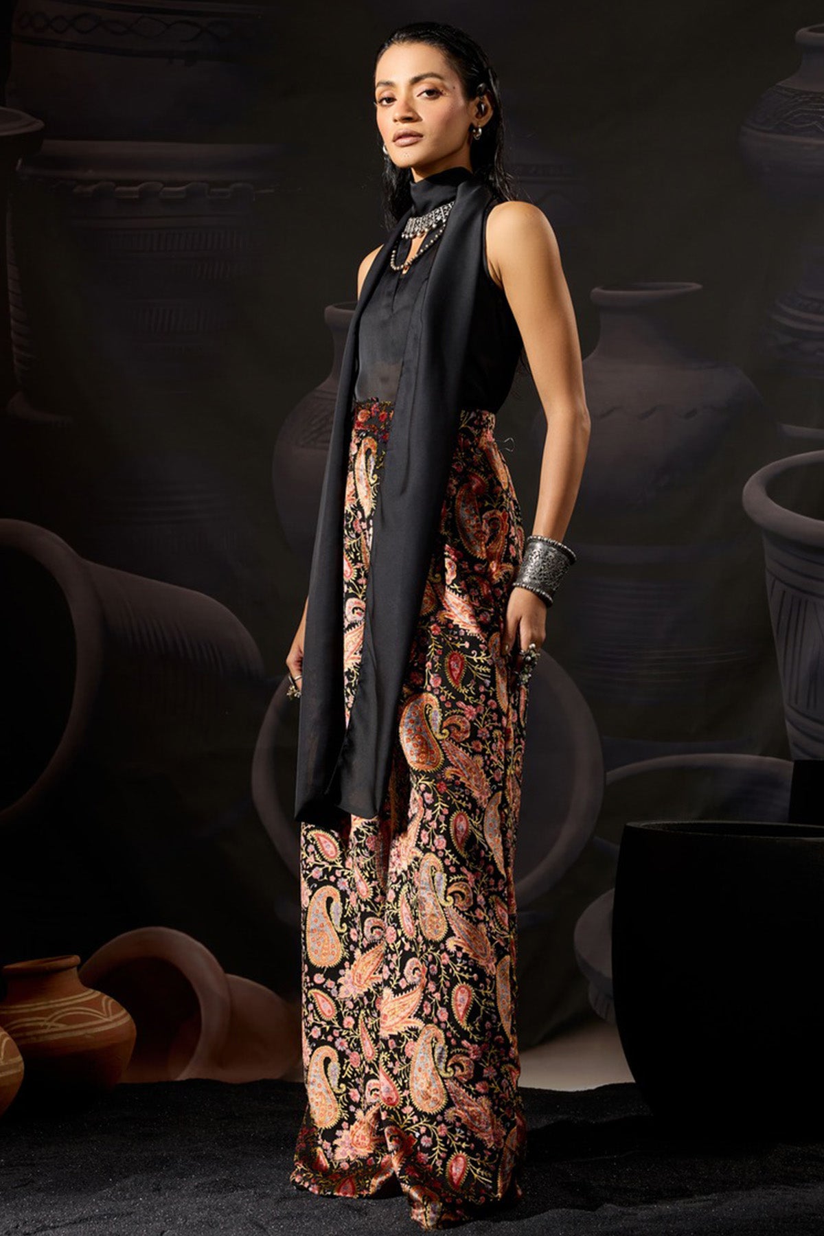 Black Soft Velvet Paisley Pants
