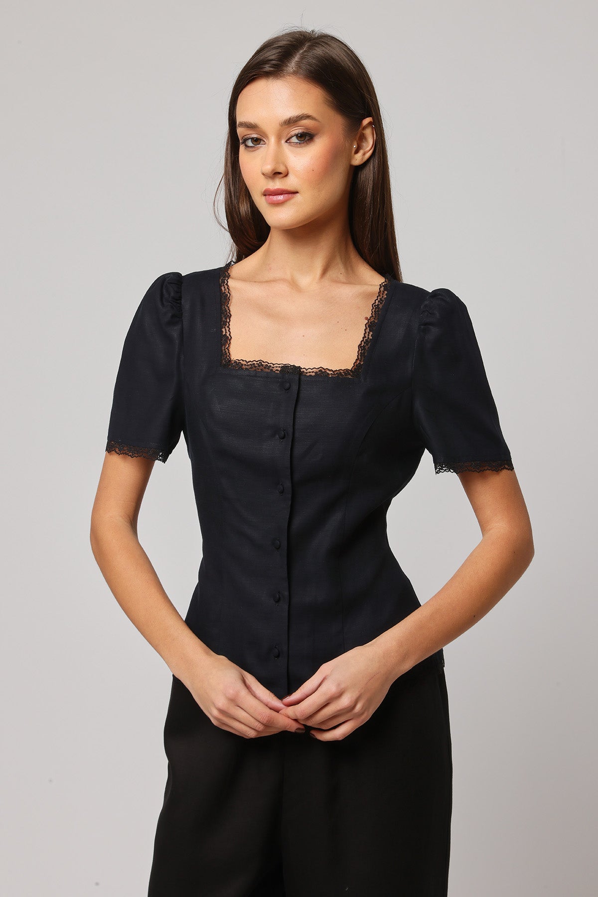 Buy Black Square Neck Lace Trim Top by Ashita Fernandes for Women online at ScrollnShops