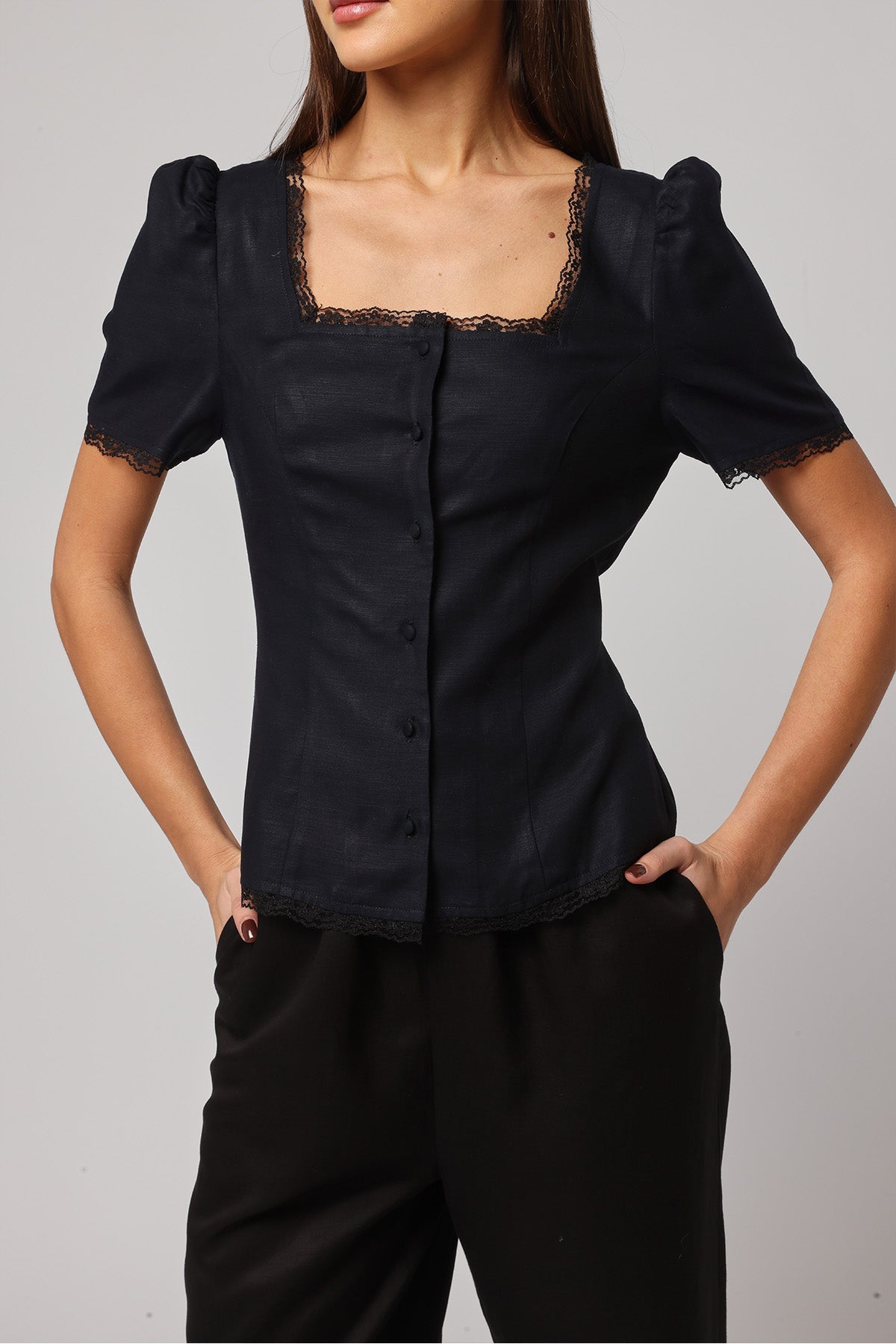 Black Square Neck Lace Trim Top