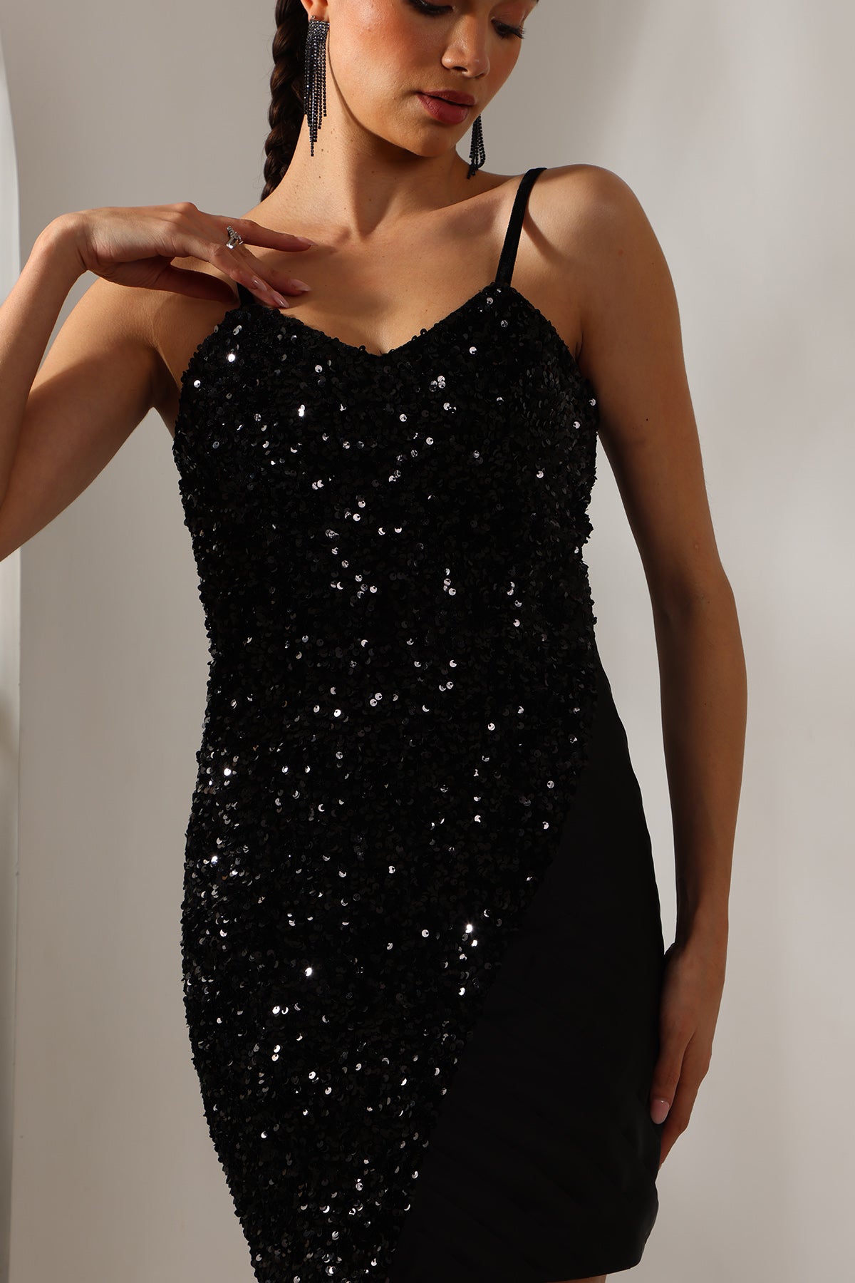 Black Strappy Pleated Mini Dress