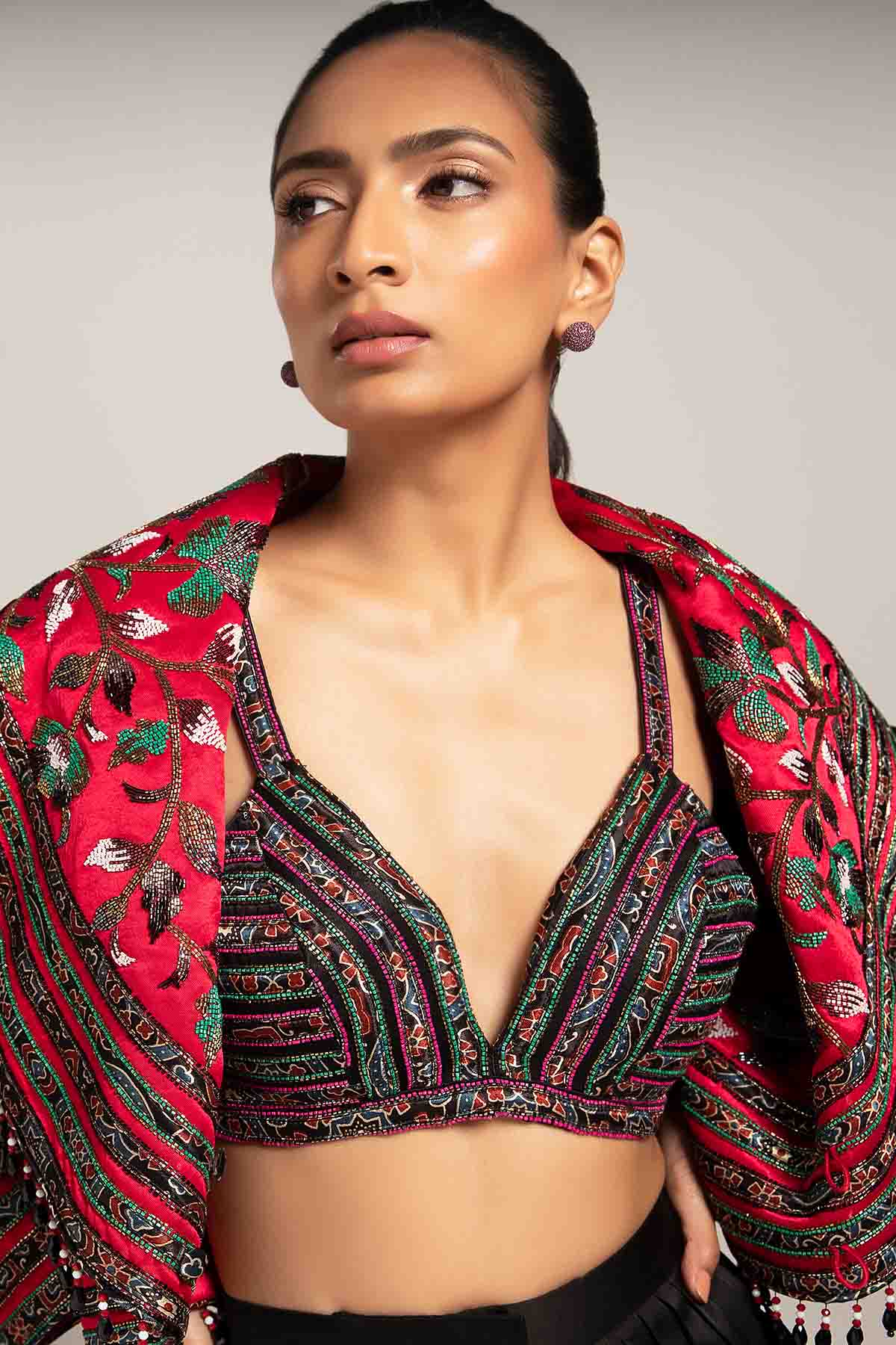 Black Stripwork Indo-Western Set