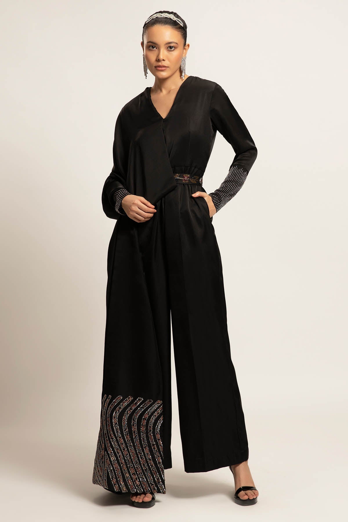 Buy Black Stripwork Jumpsuit & Trail by Sejal Kamdar for women online at ScrollnShops