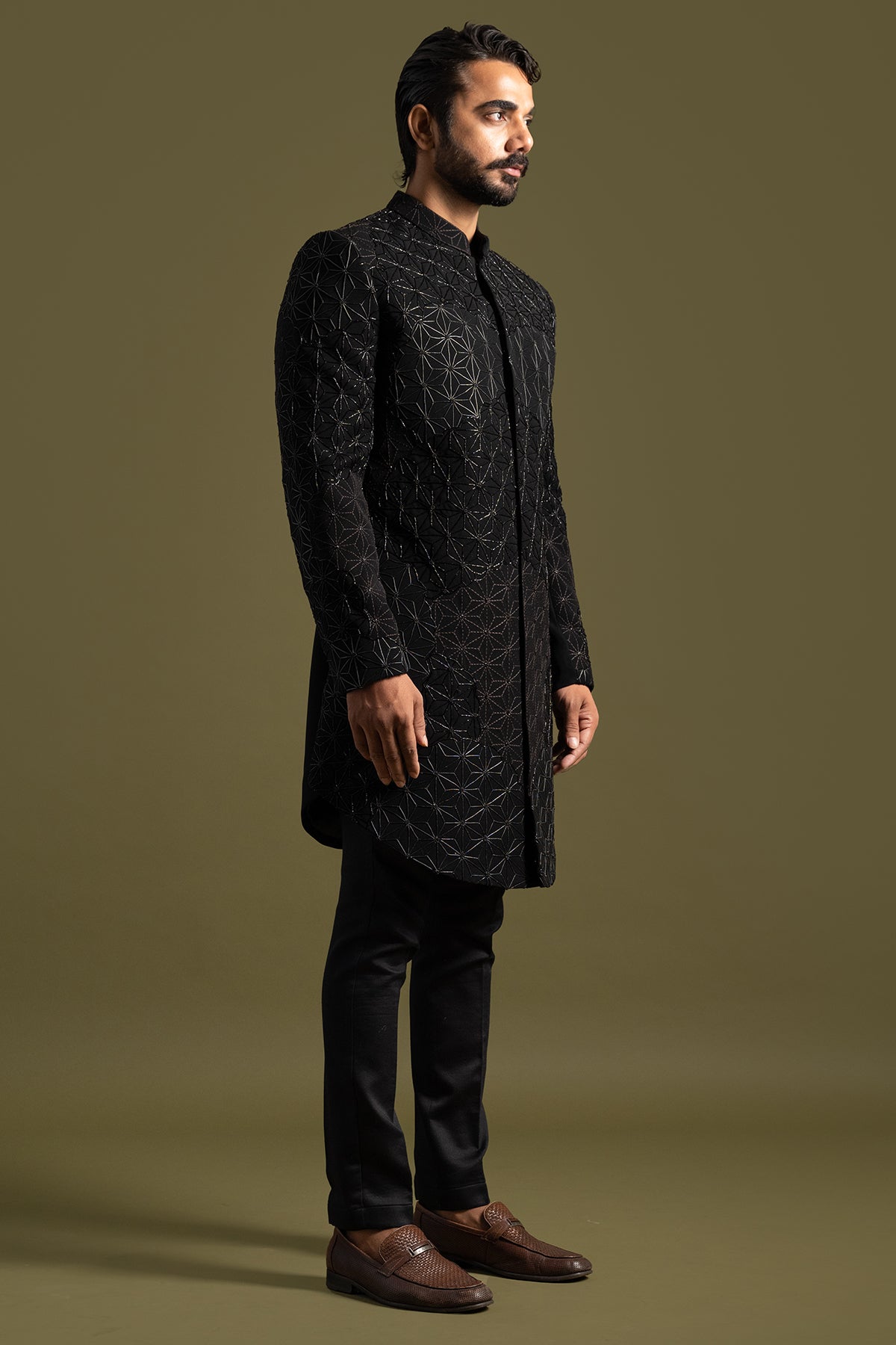 Black Suiting Floral Achkan Set