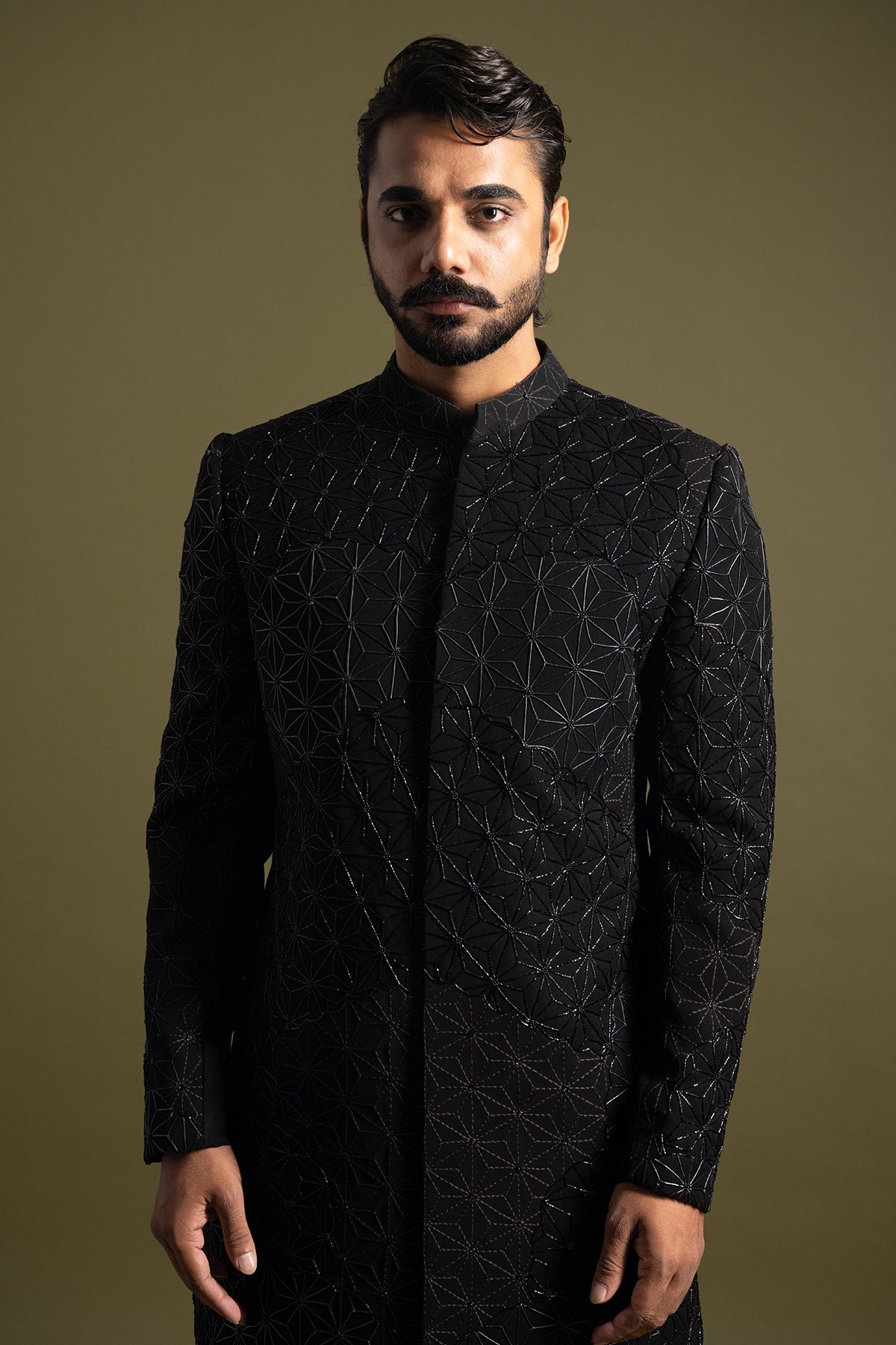Black Suiting Floral Achkan Set