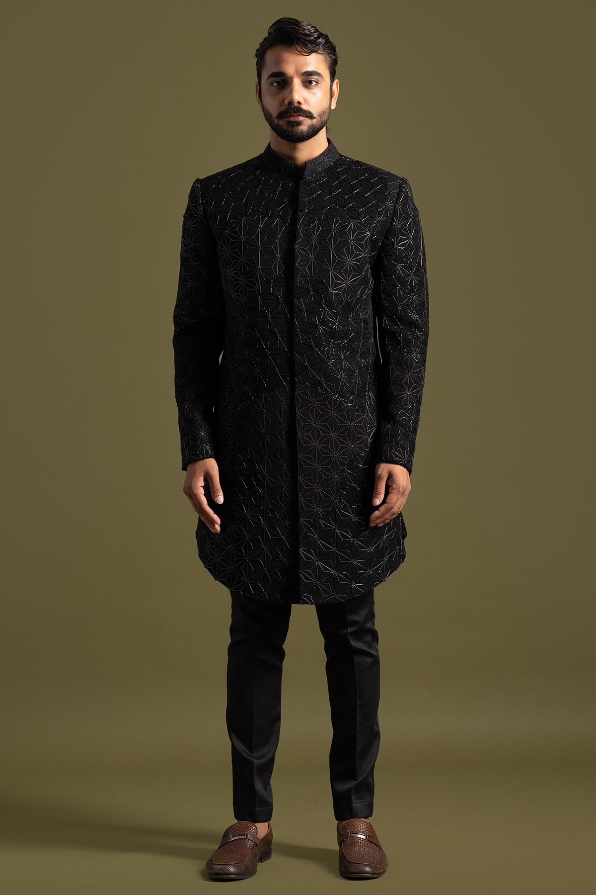 Buy Black Suiting Floral Achkan Set for men by Paarsh Atelier online available at scrollnshops