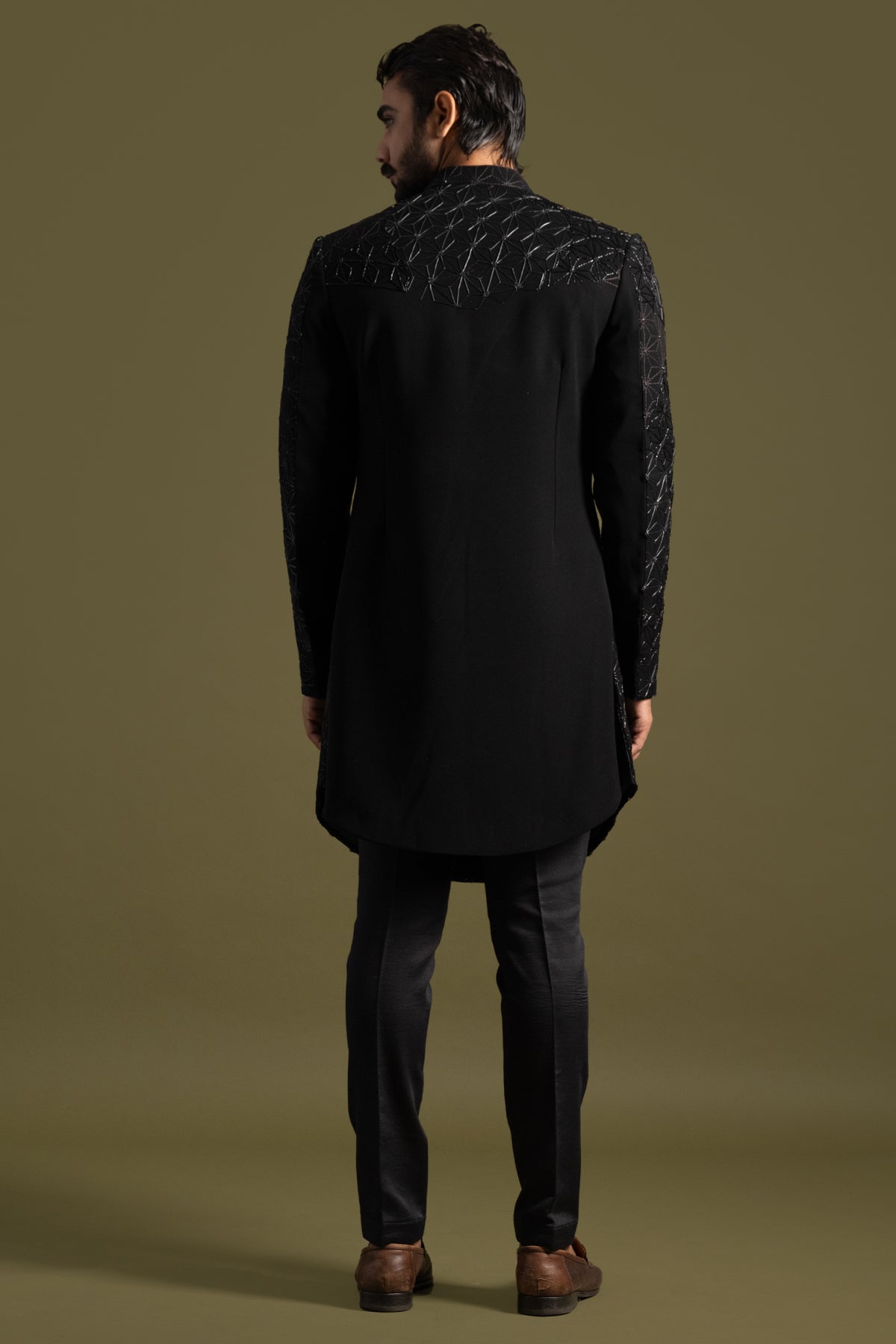 Black Suiting Floral Achkan Set
