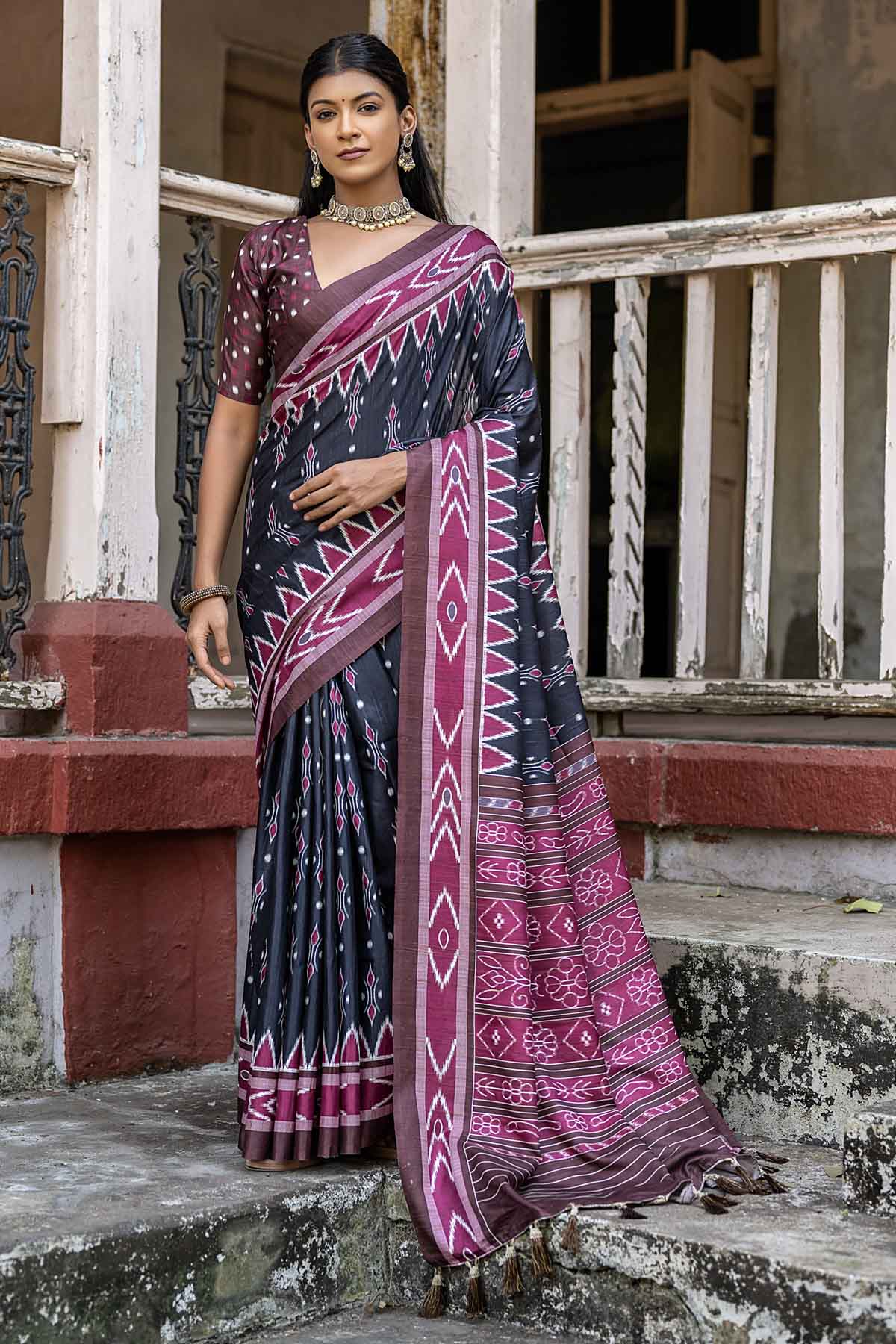 Buy Designer Black Temple Border Saree Online