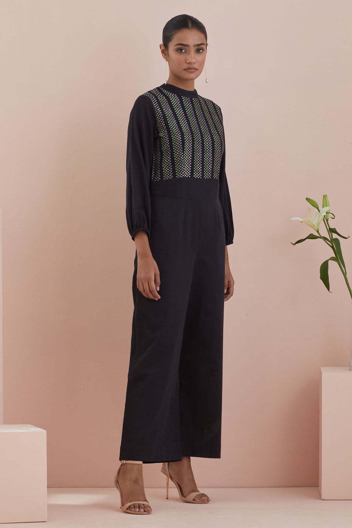 Black Texture Cotton Jumpsuit