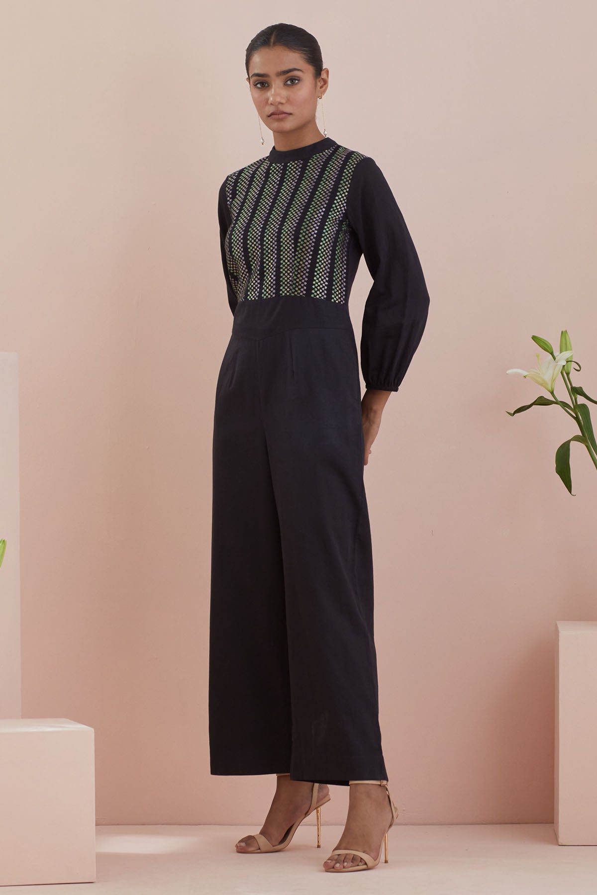 Black Texture Cotton Jumpsuit