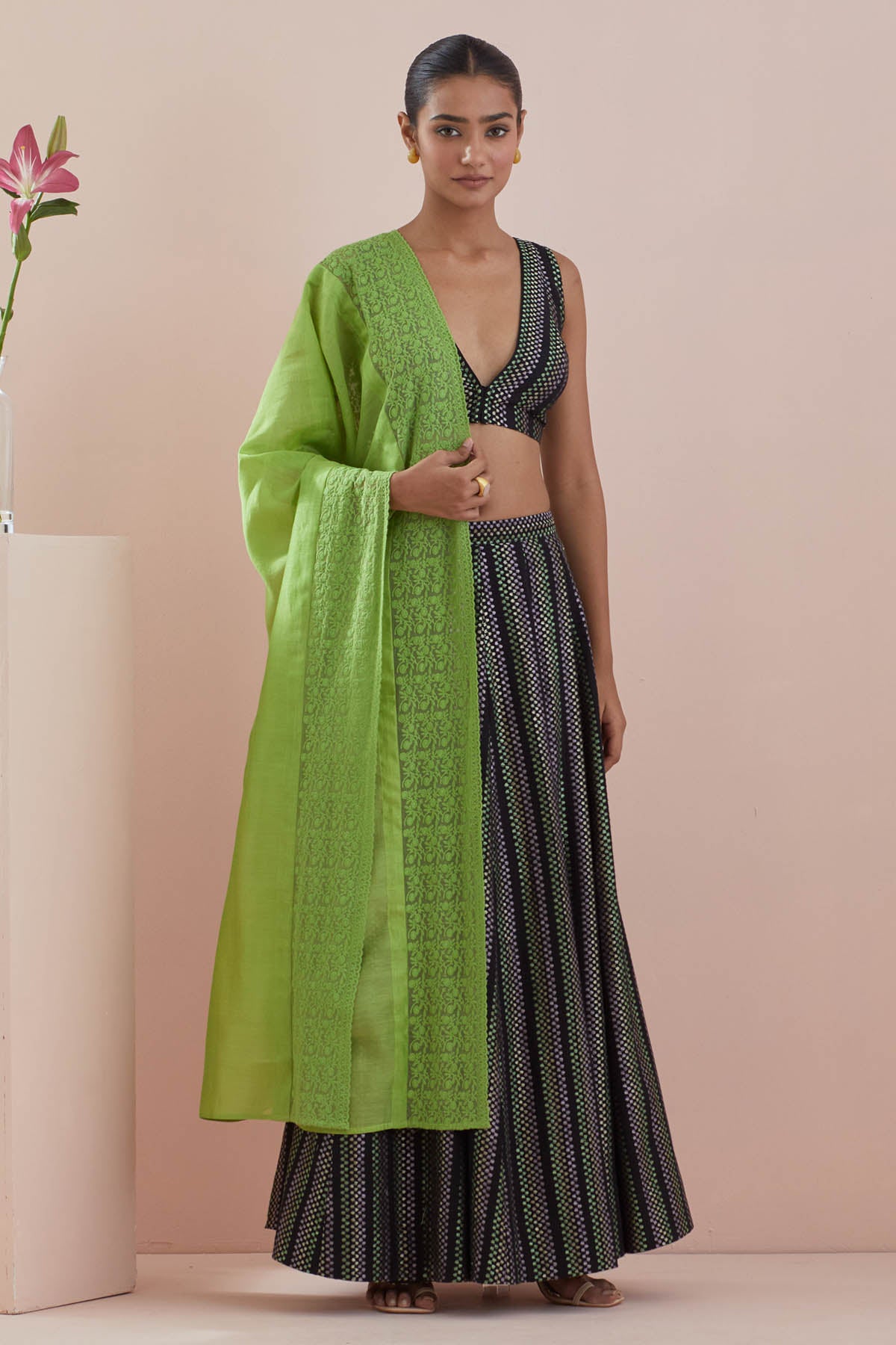 Black Texture Cotton Lehenga Set