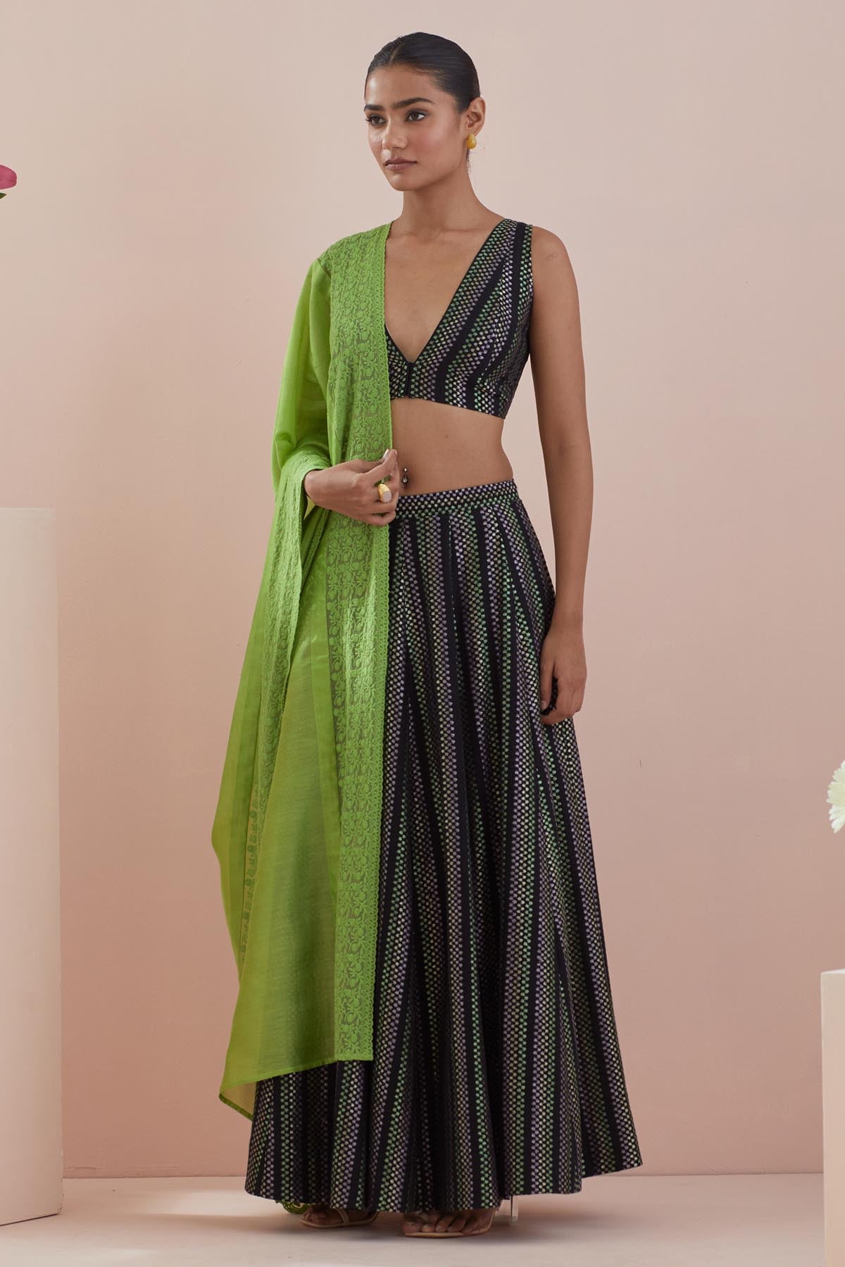 Black Texture Cotton Lehenga Set