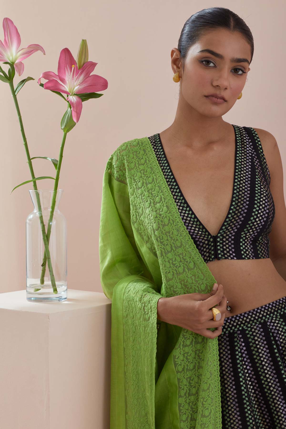 Black Texture Cotton Lehenga Set