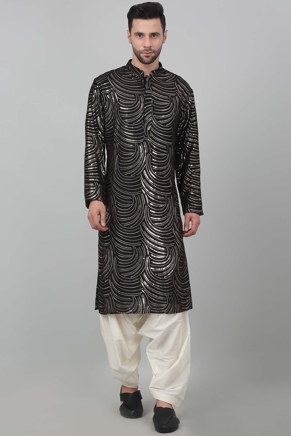 Aham Vayam Black Thread Stripe Kurta Set for men online at ScrollnShops