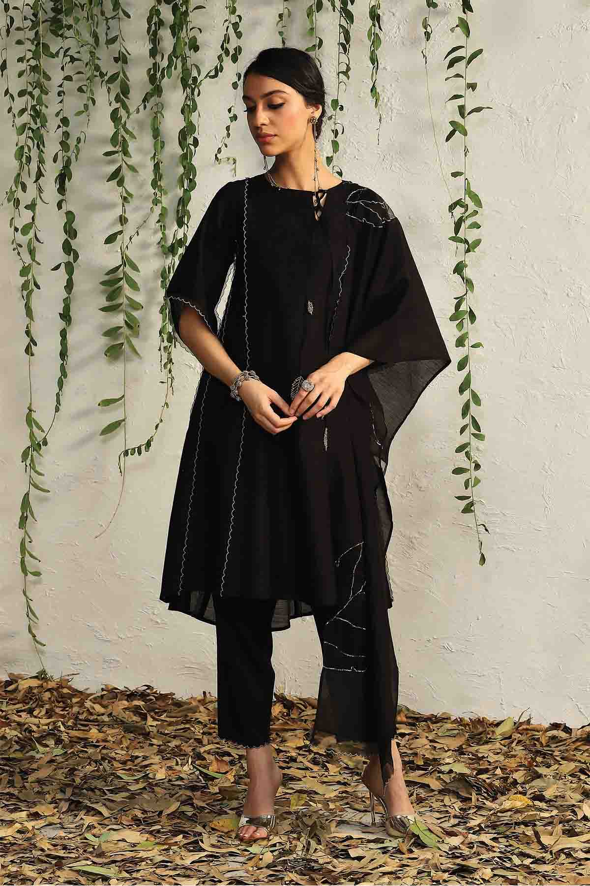 Buy Black Tie-Up Short Kurta Set by Charkhee for women online at ScrollnShops