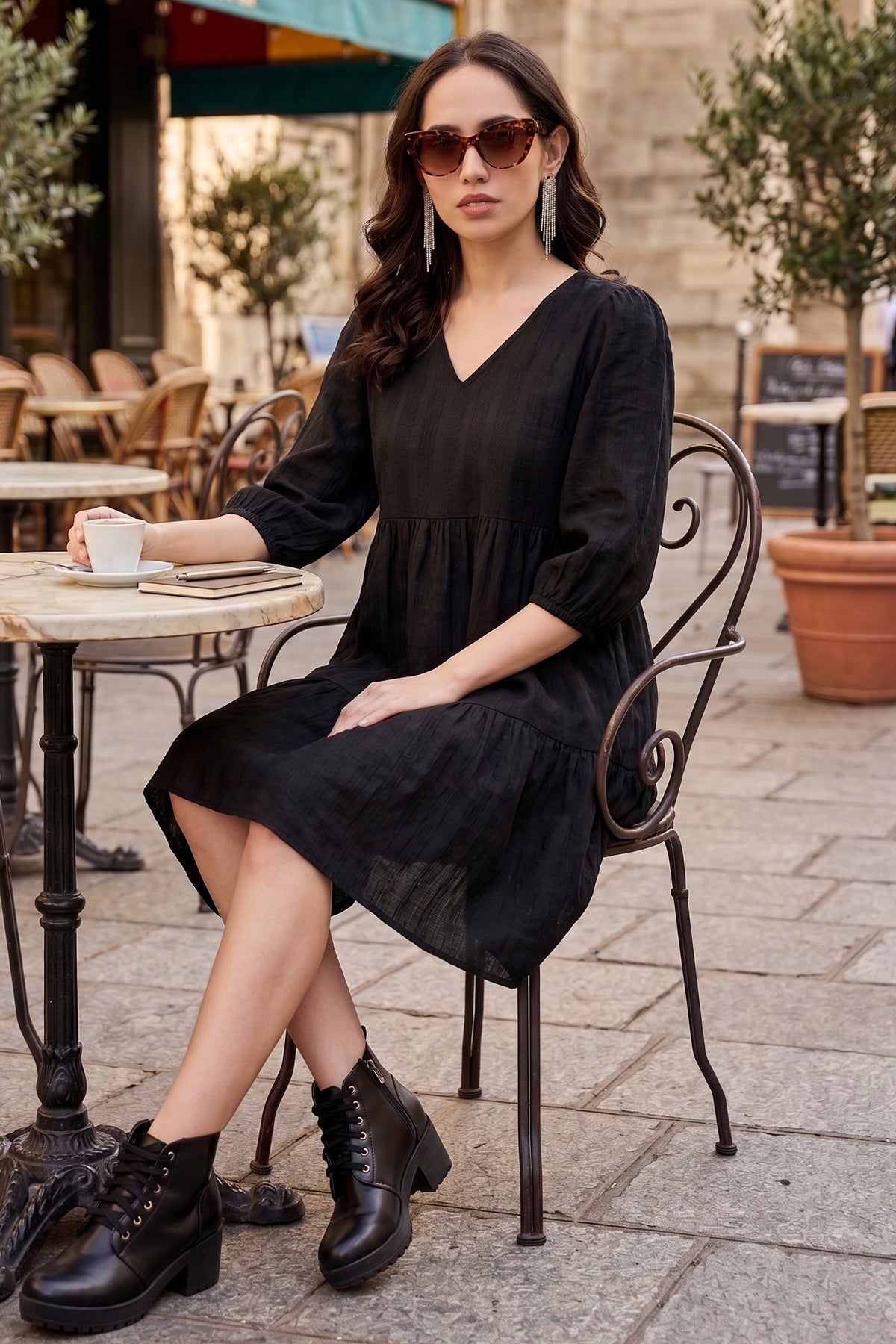 Black Tier Weave Texture Dress