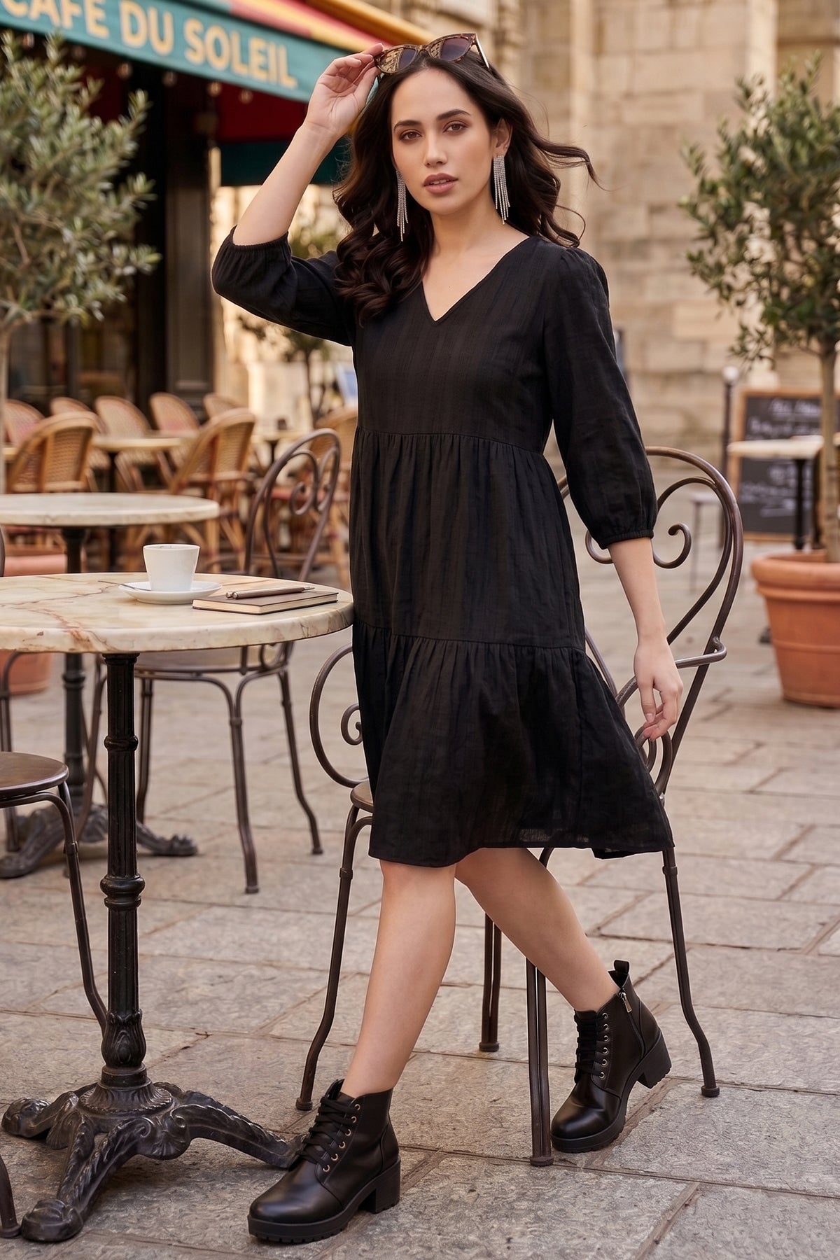 Buy Black Tier Weave Texture Dress for women by Sneha B online available at scrollnshops