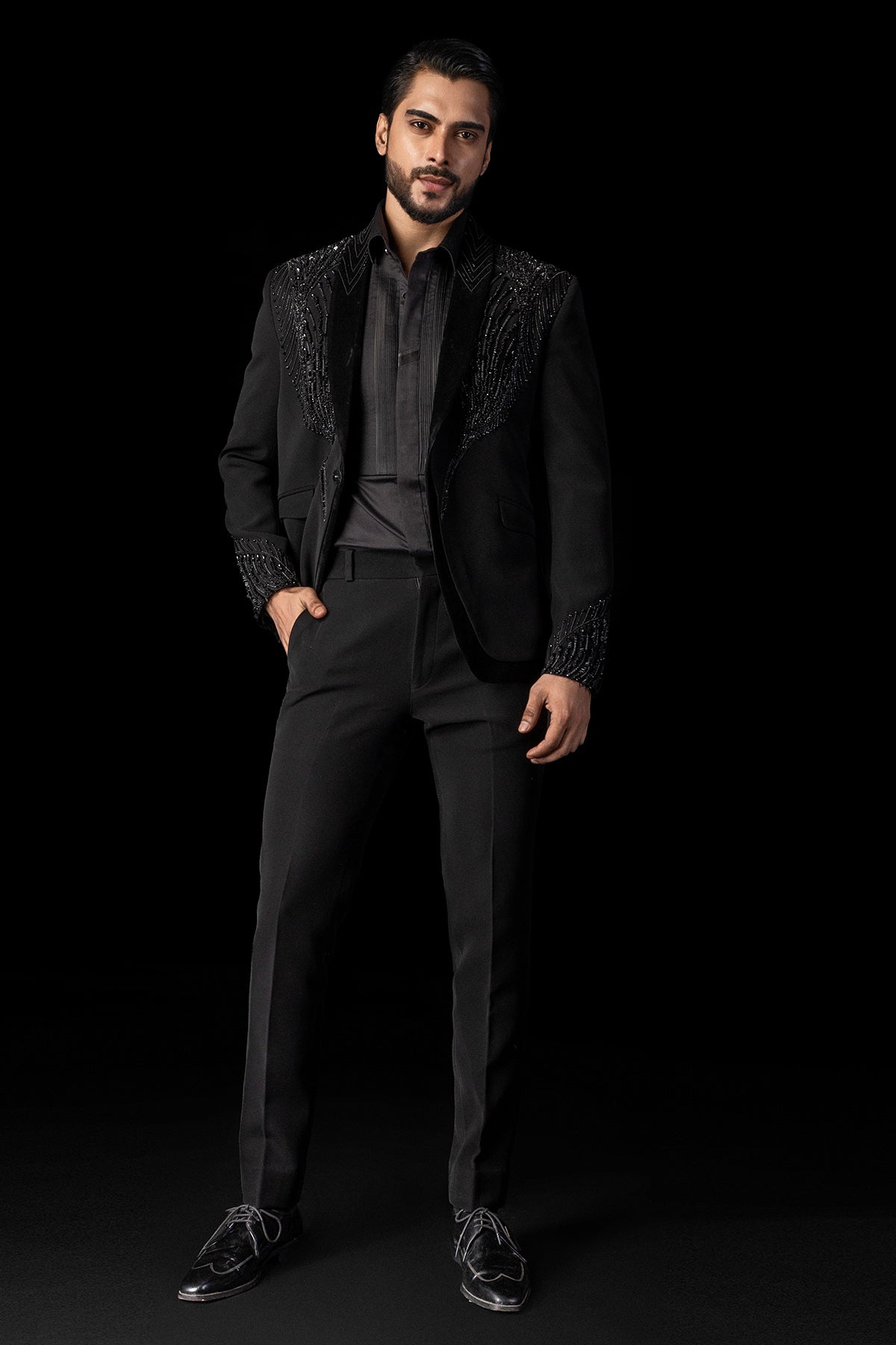Buy Black Tone 3D Embroidery Tuxedo for men by Paarsh Atelier online available at scrollnshops