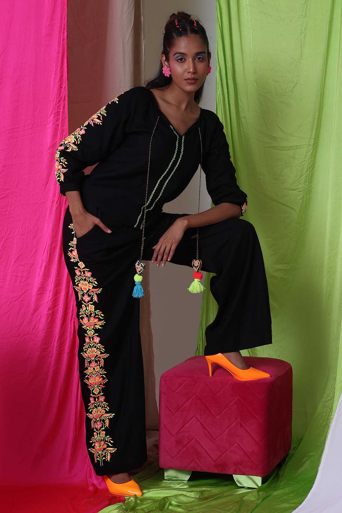 Black Top & Embroidered Pants