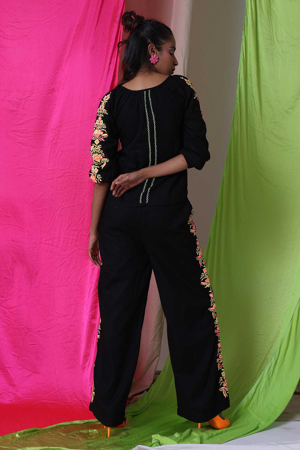 Black Top & Embroidered Pants