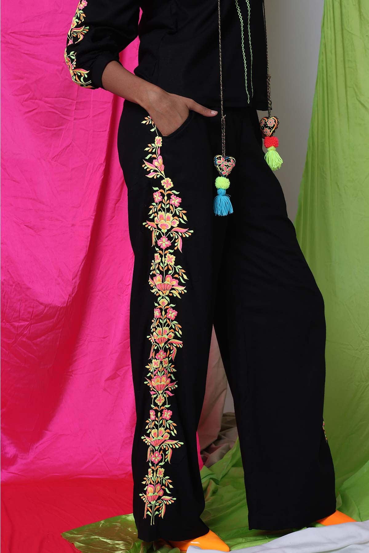 Black Top & Embroidered Pants