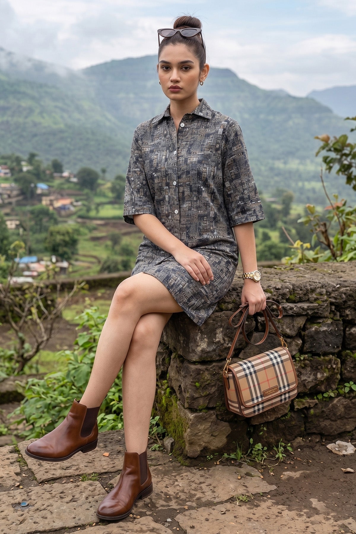 Traffic Print Black Shirt Dress