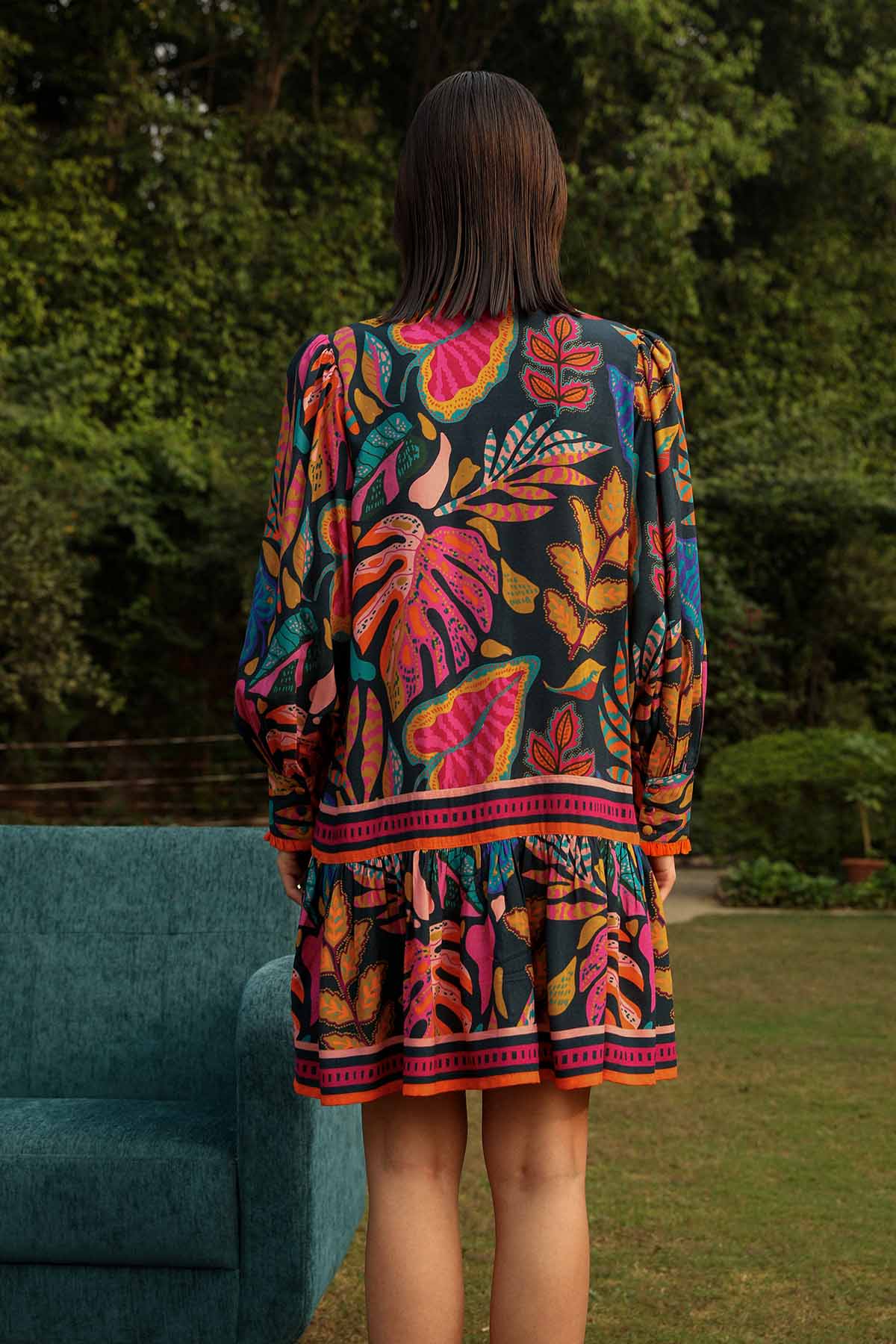 Black Tropical Print Mini Dress