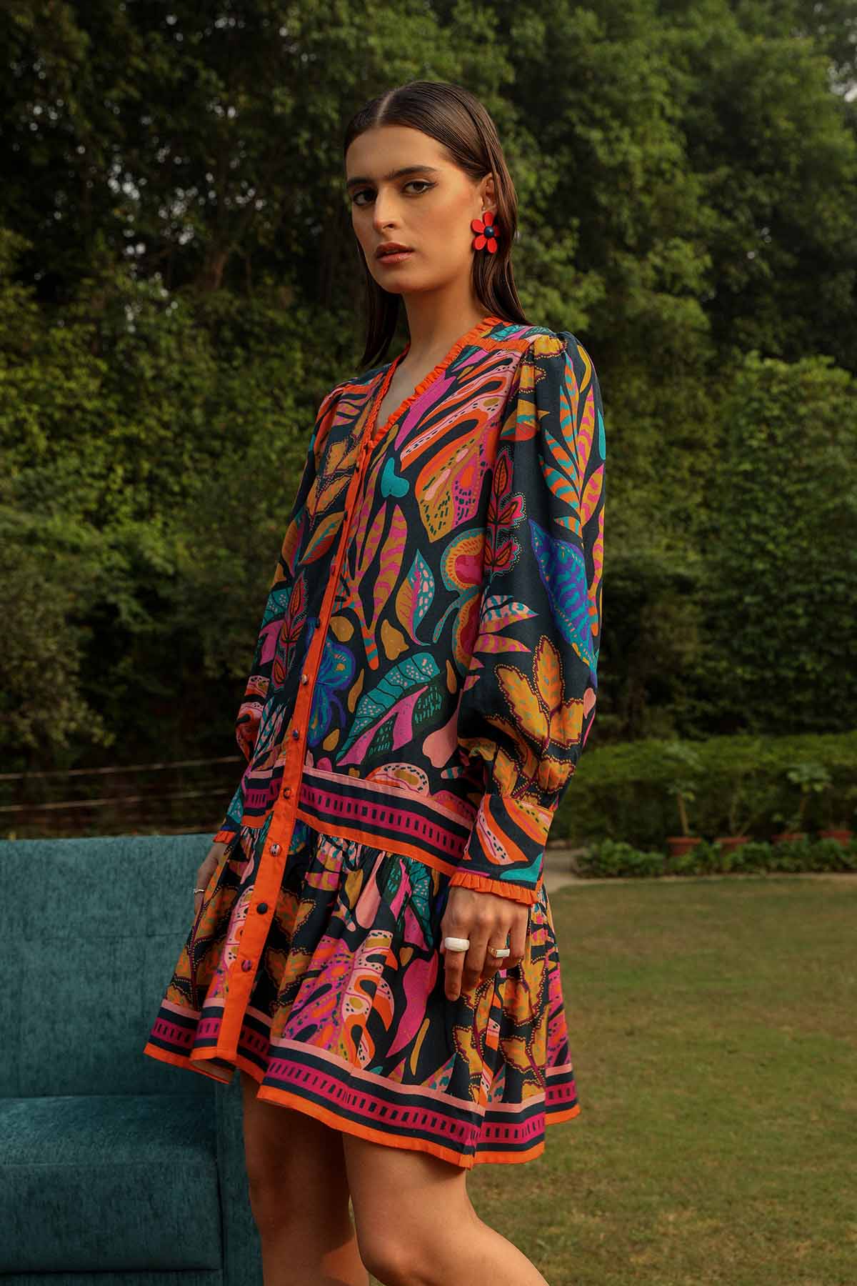 Black Tropical Print Mini Dress