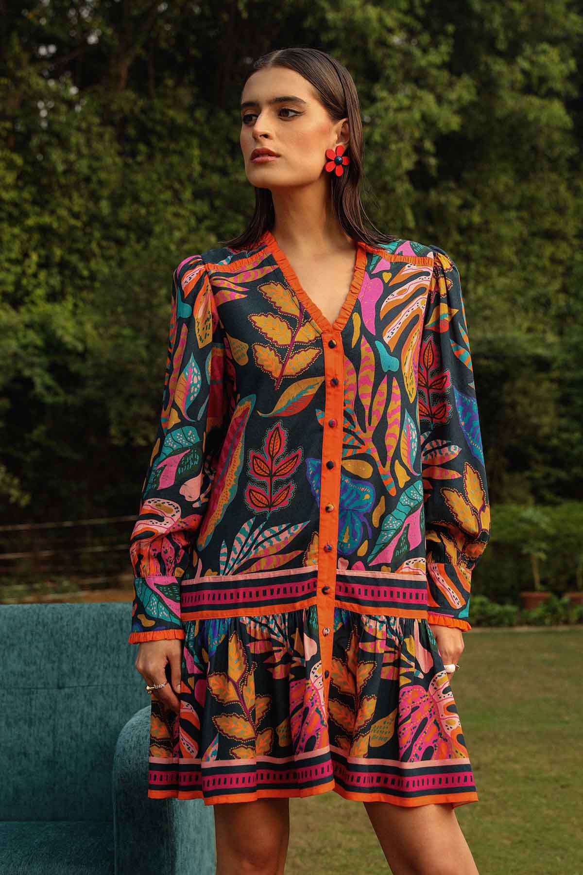 Black Tropical Print Mini Dress