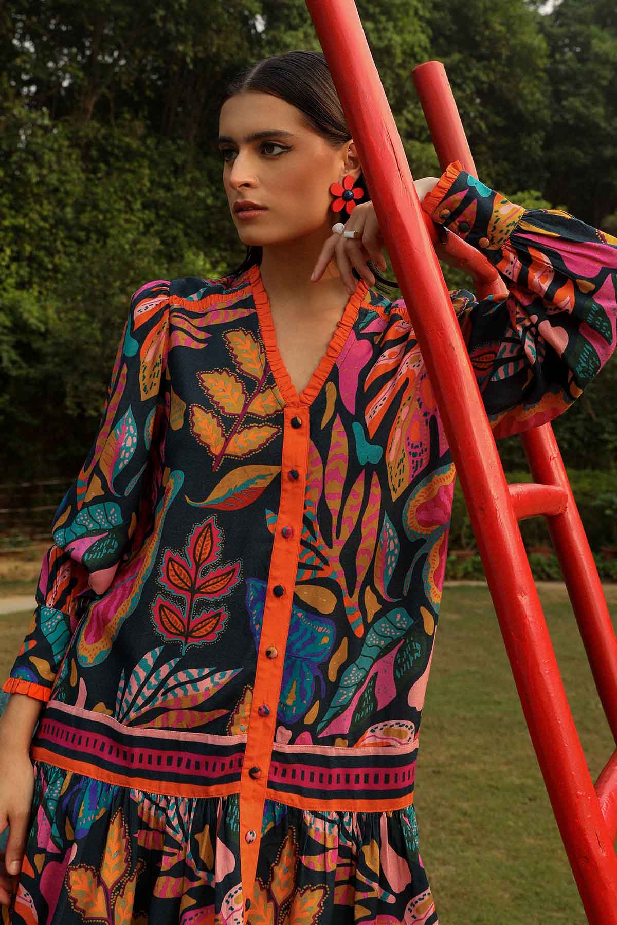 Black Tropical Print Mini Dress