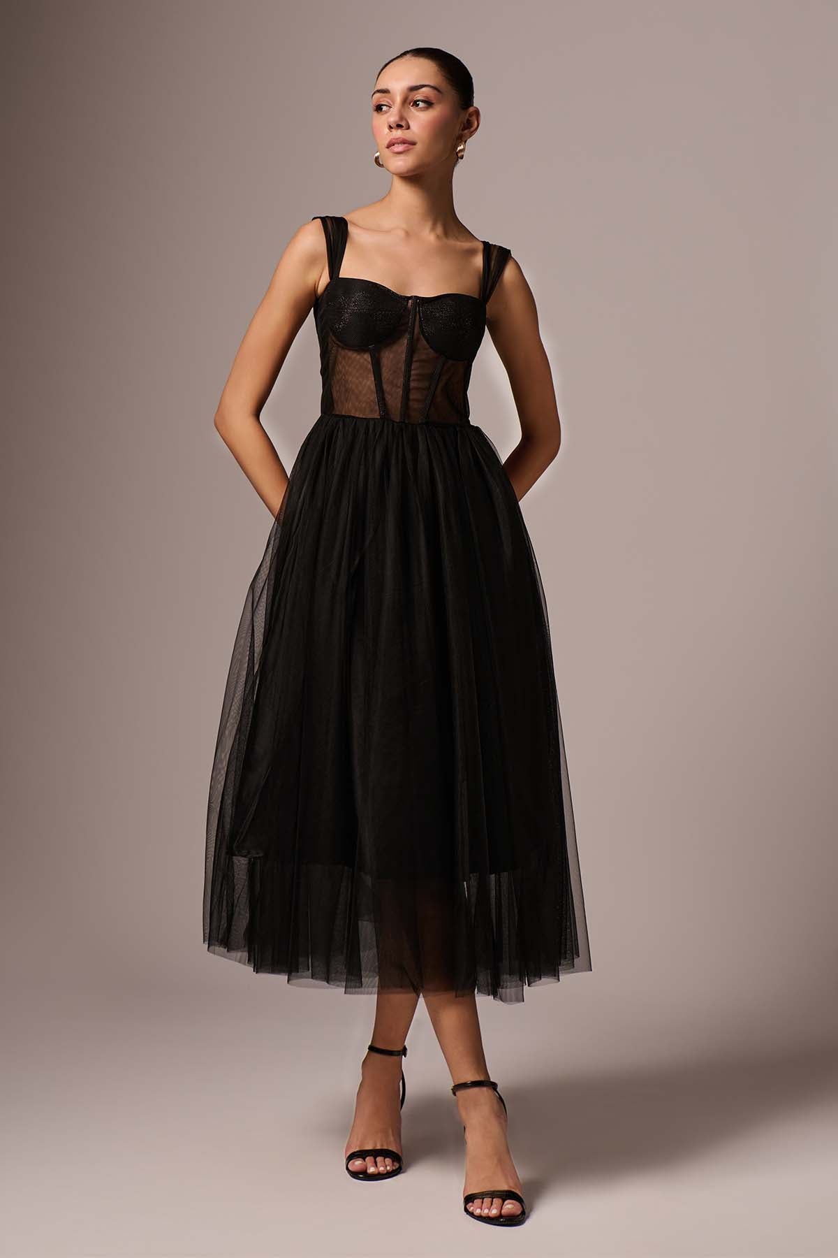 Buy Black Tulle Corset Midi Dress by Emblaze for women online at ScrollnShops