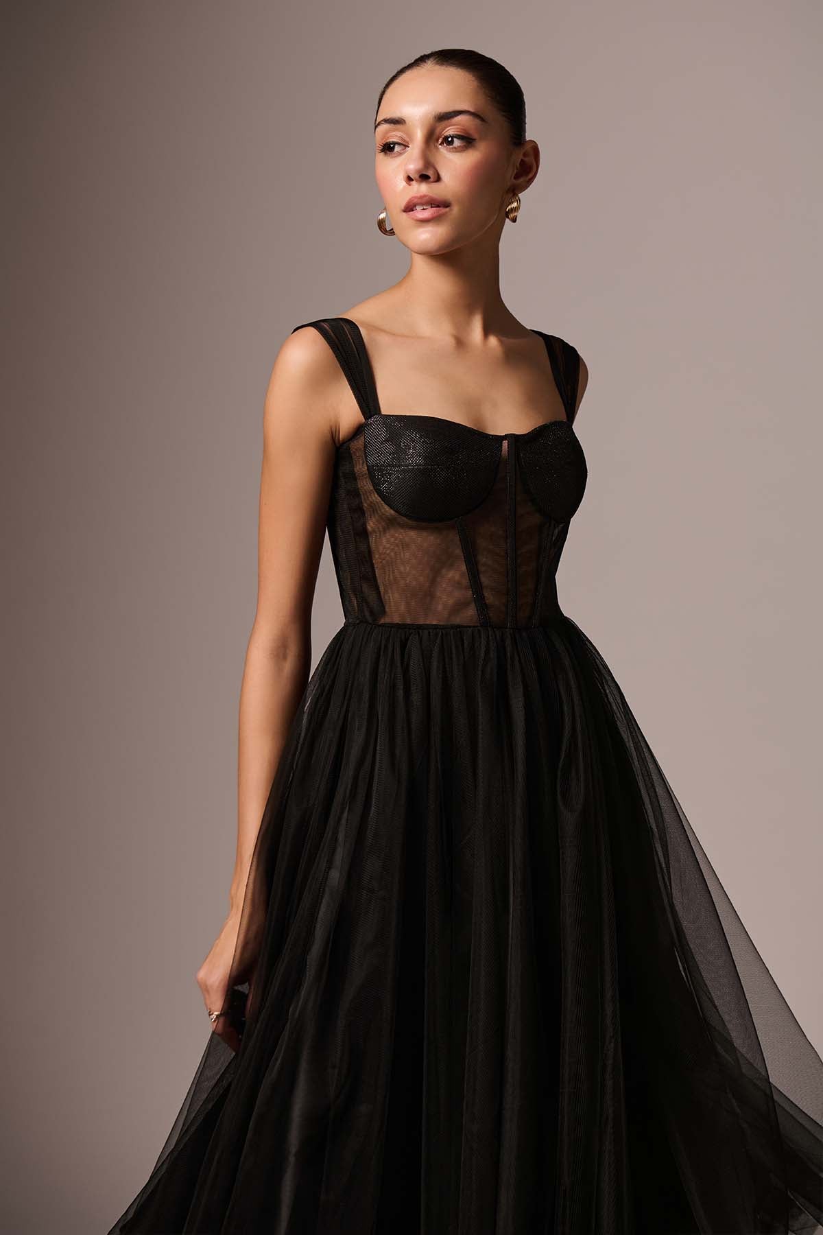 Black Tulle Corset Midi Dress