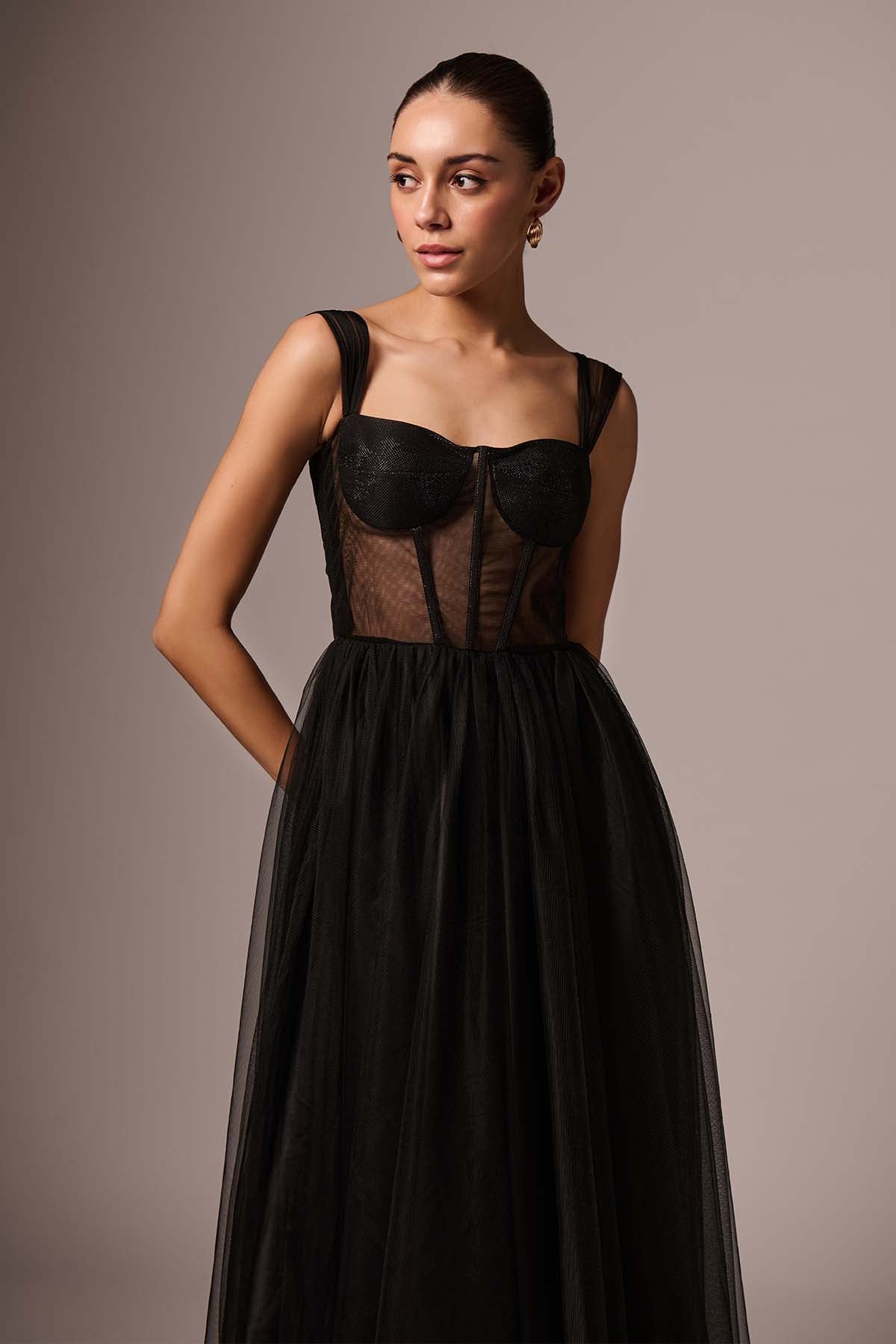 Black Tulle Corset Midi Dress